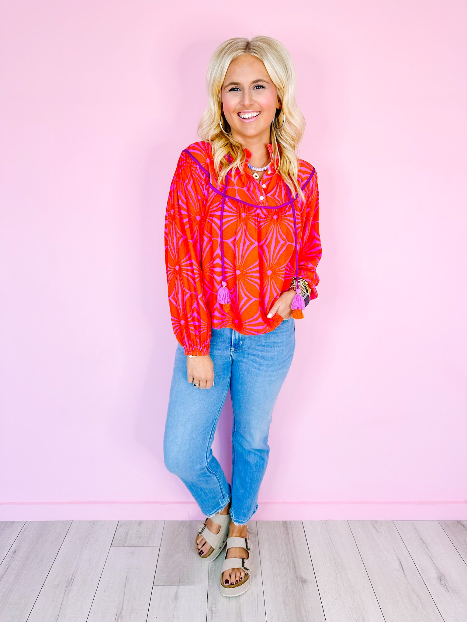 BELLA BUTTON UP LONG SLEEVE TOP - ORANGE/PINK