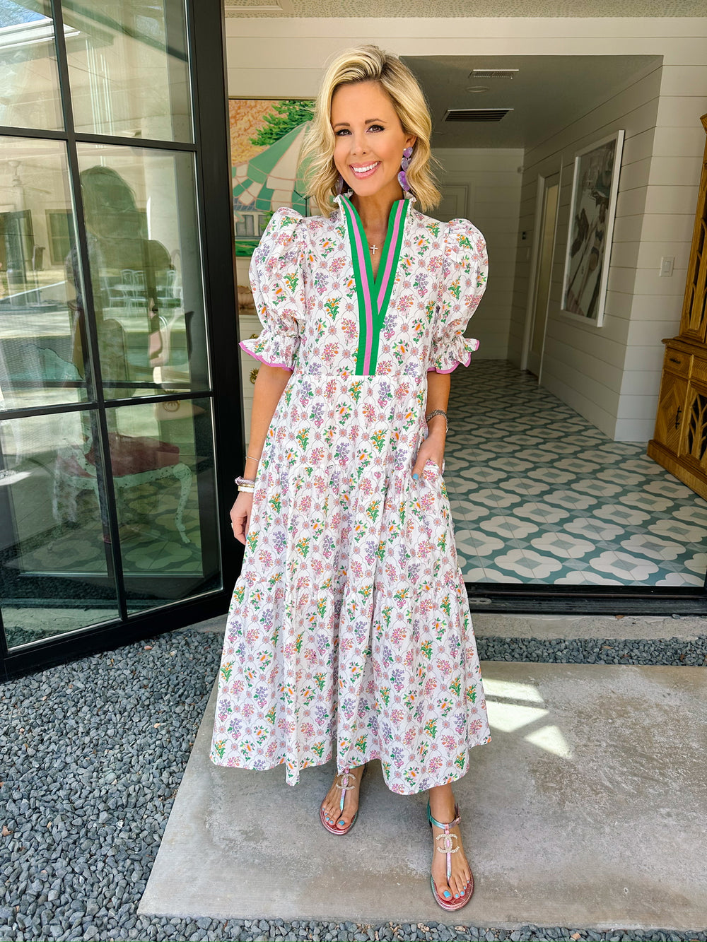 AN AFTERNOON AMONG THE FLORAL TRELLIS MIDI DRESS - WHITE