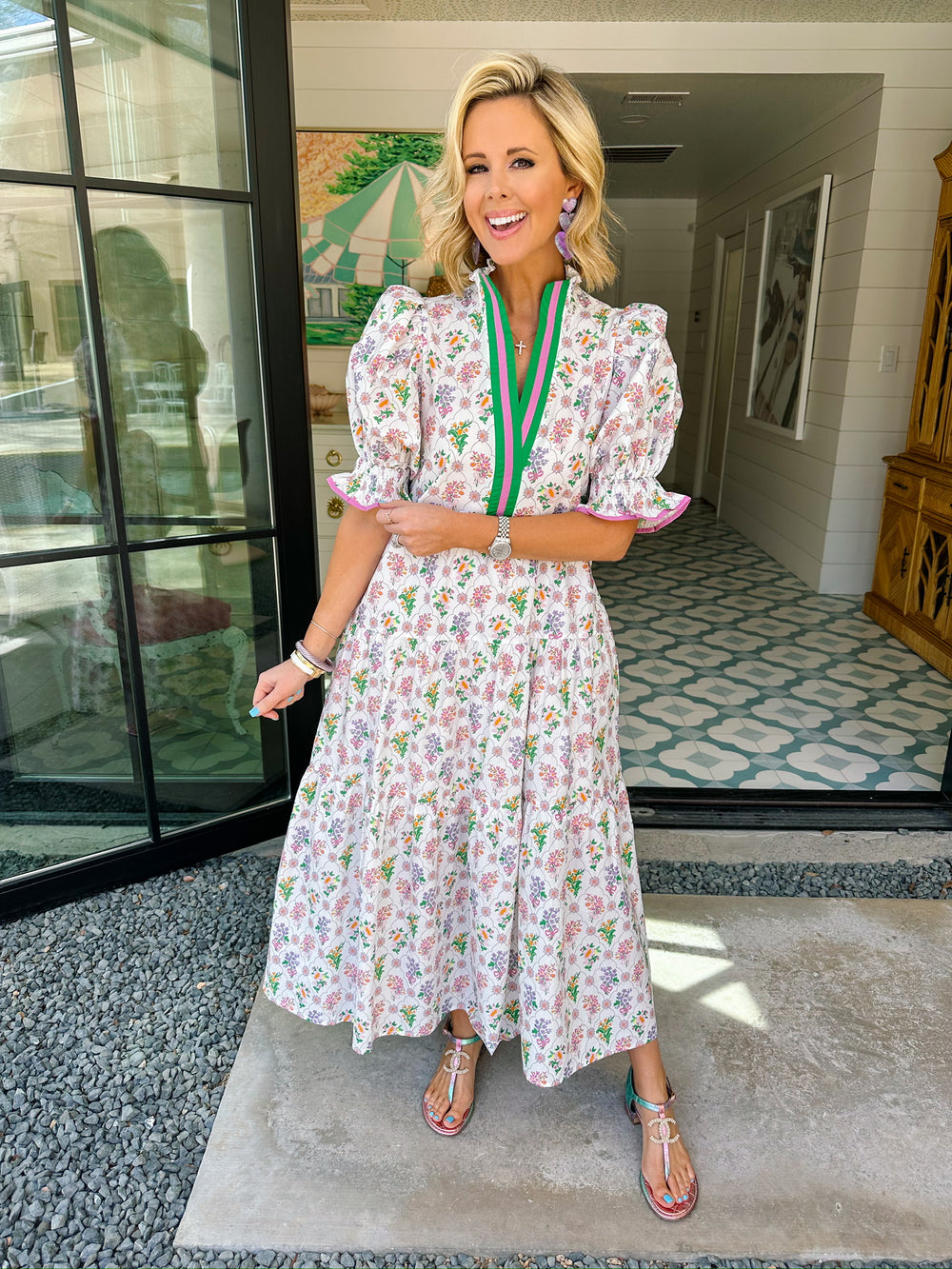 AN AFTERNOON AMONG THE FLORAL TRELLIS MIDI DRESS - WHITE