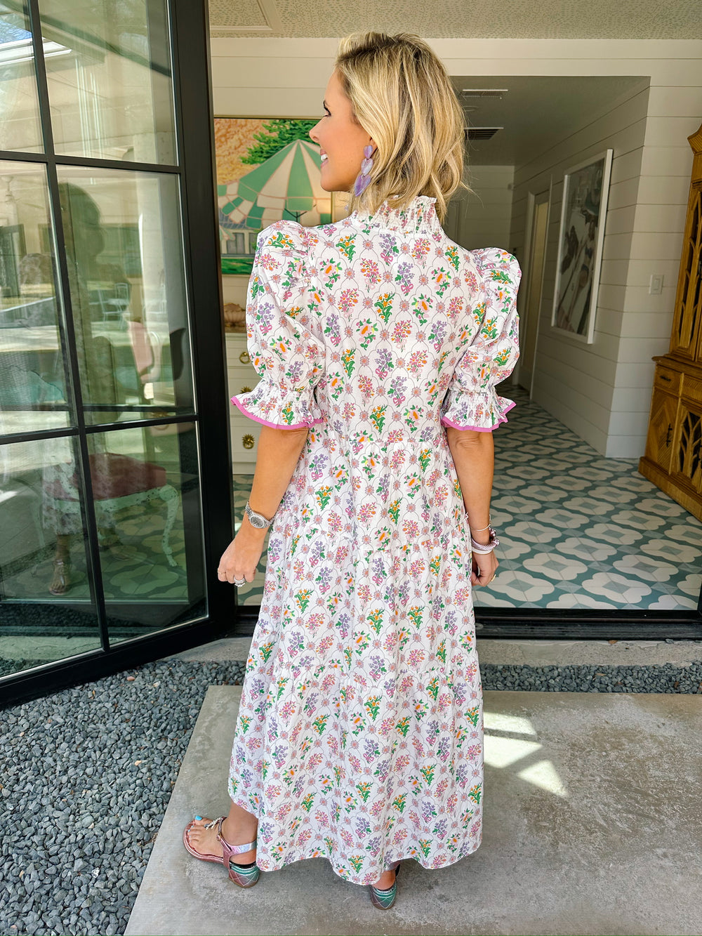 AN AFTERNOON AMONG THE FLORAL TRELLIS MIDI DRESS - WHITE