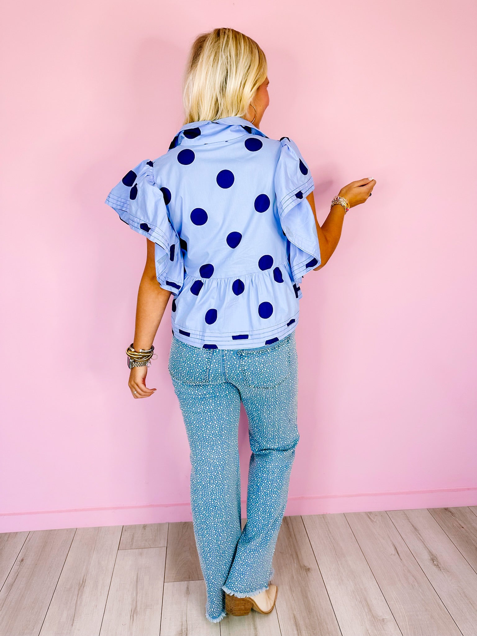 PEPPY POLKA DOT RUFFLE TOP - BLUE/NAVY