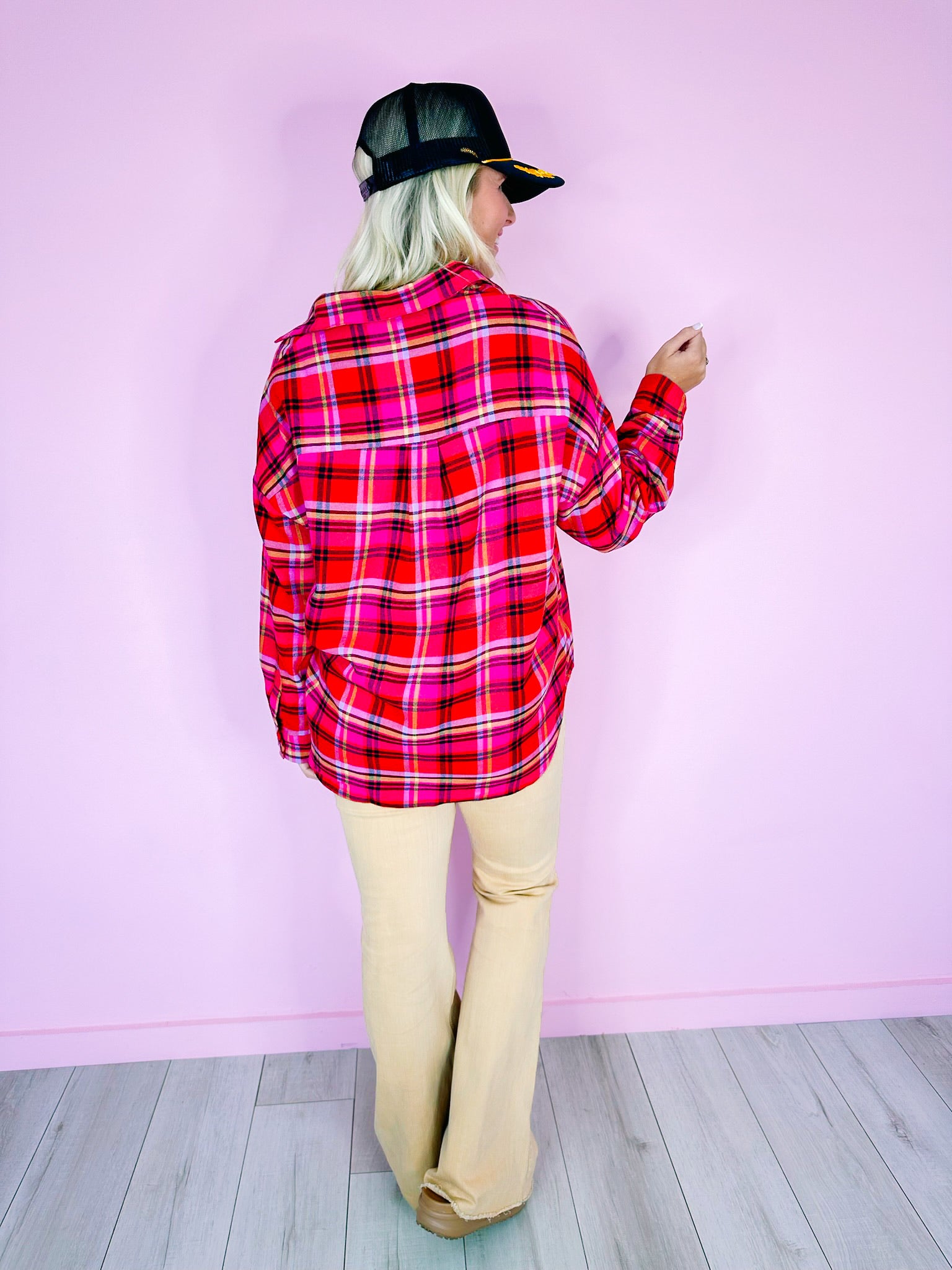 PLAID AROUND LONGSLEEVE TOP - RED