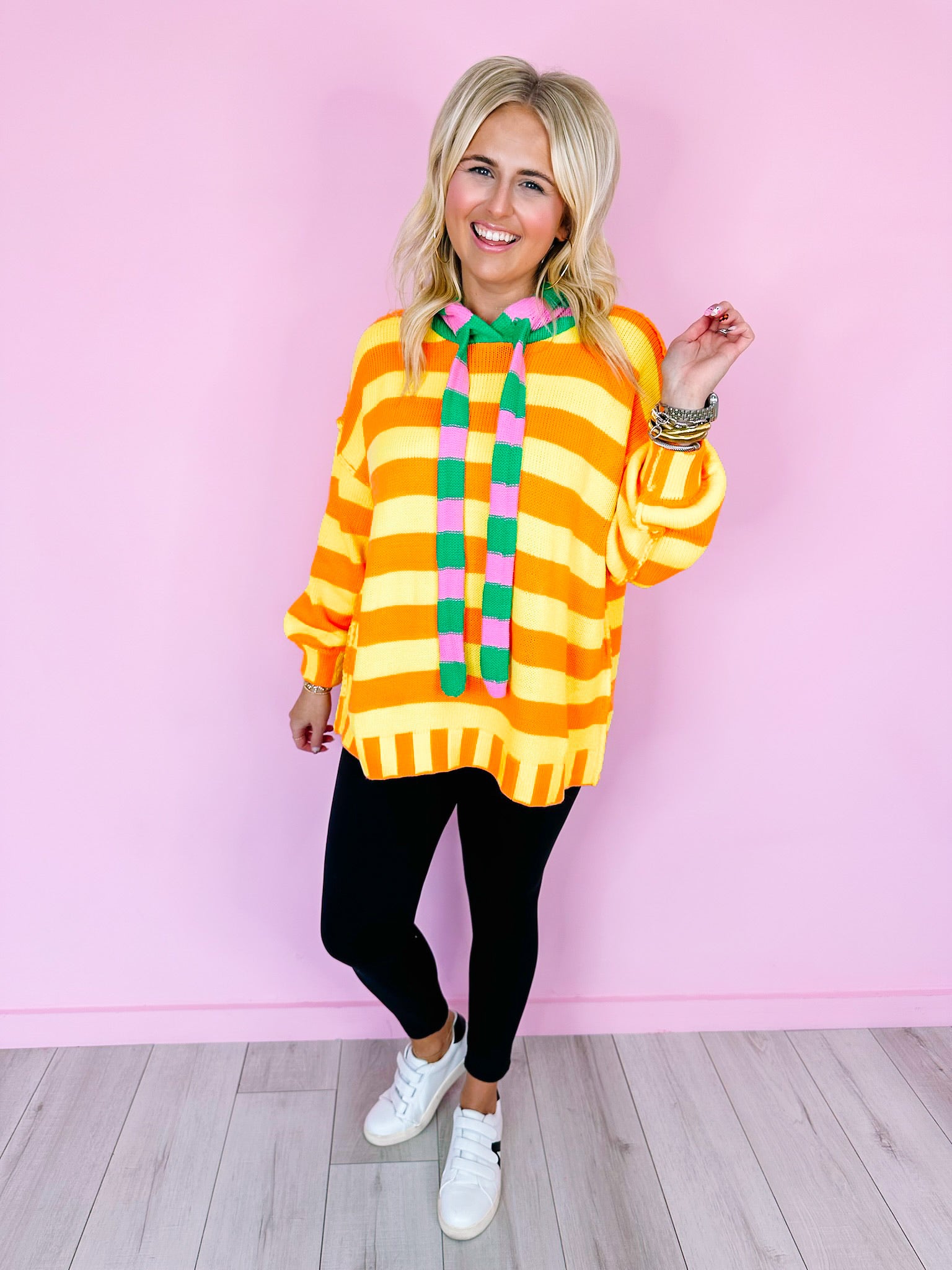 FULL OF JOY STRIPE SWEATER HOODIE - ORANGE/YELLOW