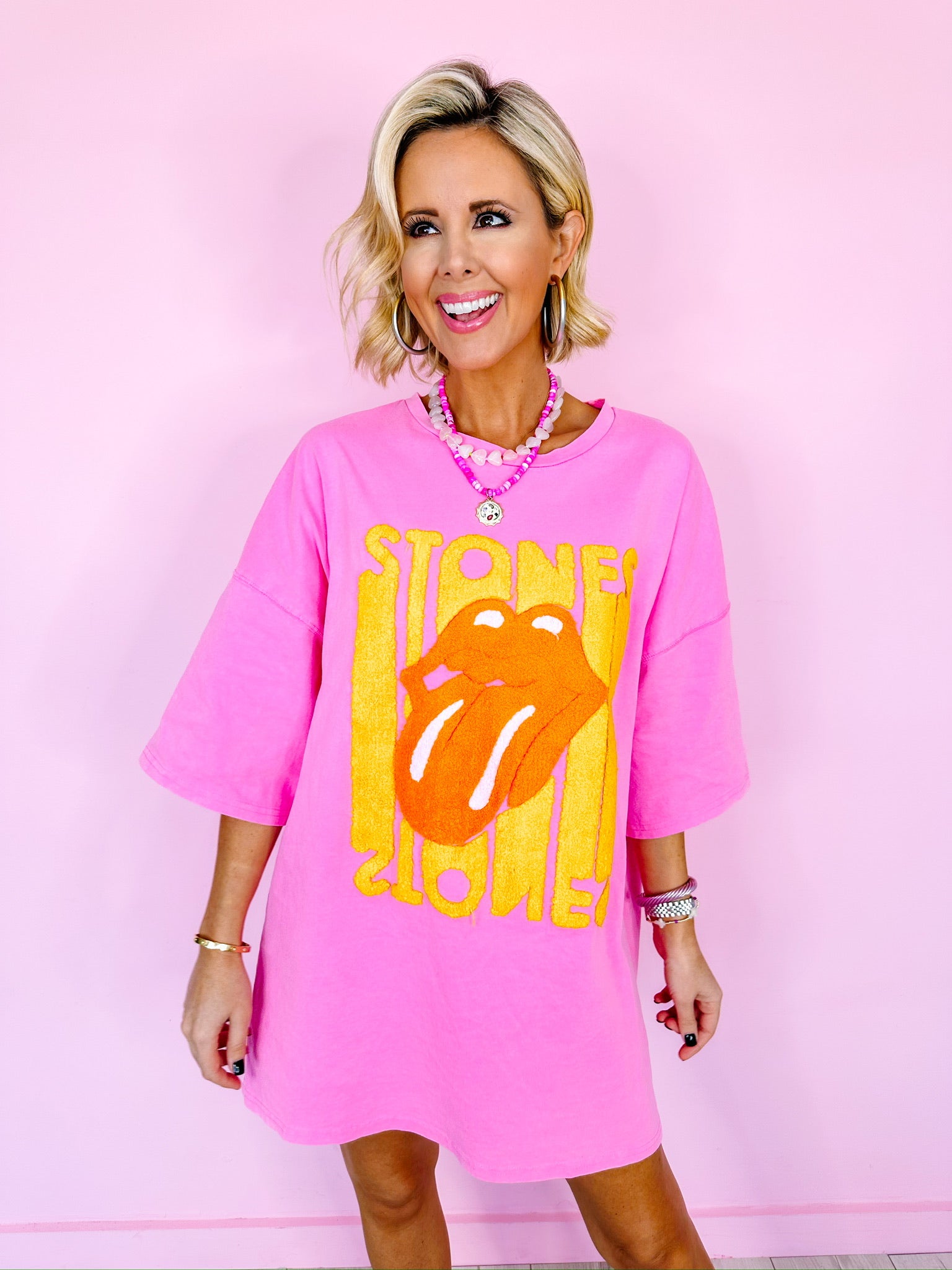 ROLLING STONES OVERSIZED TUNIC TOP - PINK/YELLOW