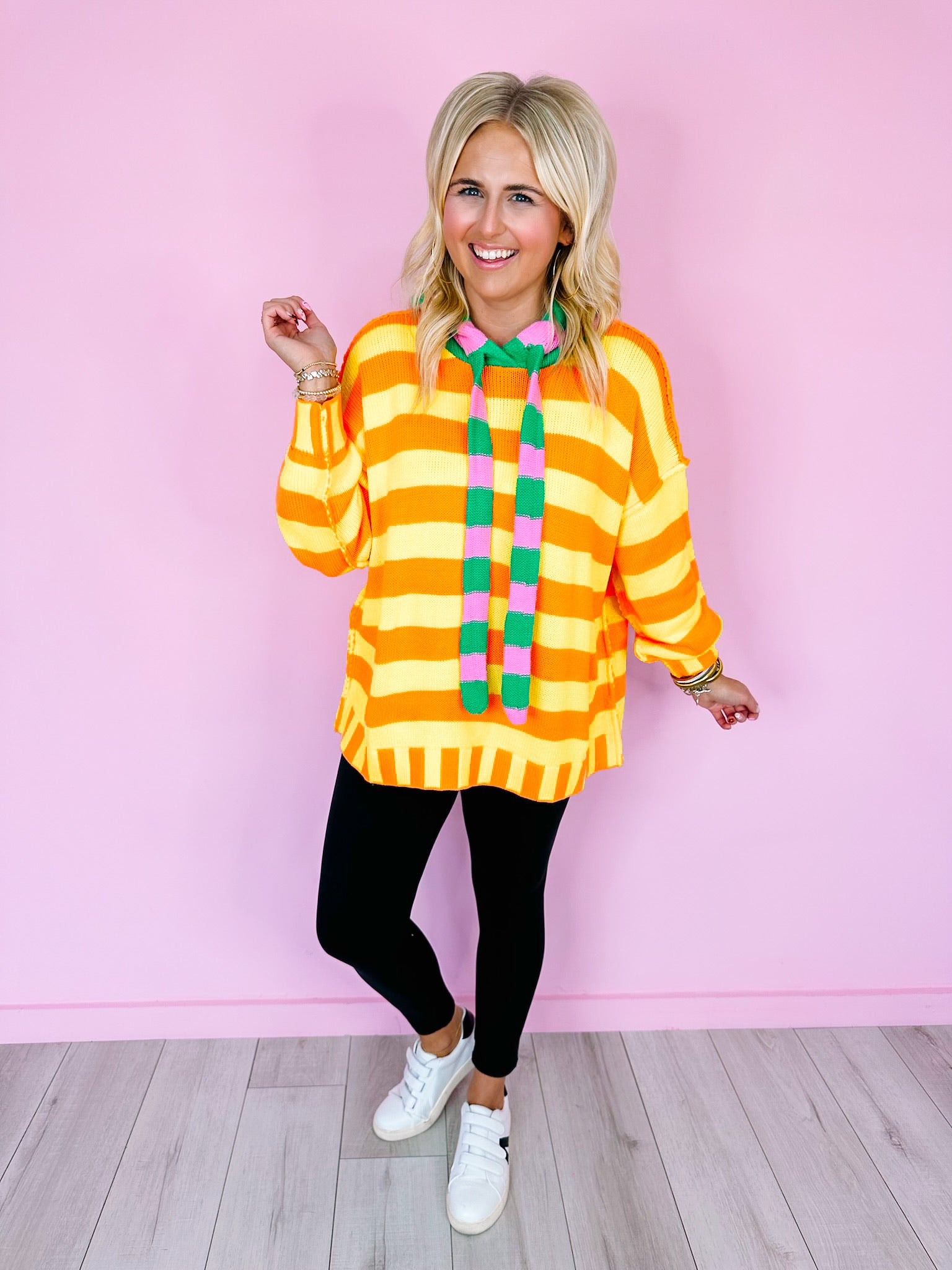 FULL OF JOY STRIPE SWEATER HOODIE - ORANGE/YELLOW