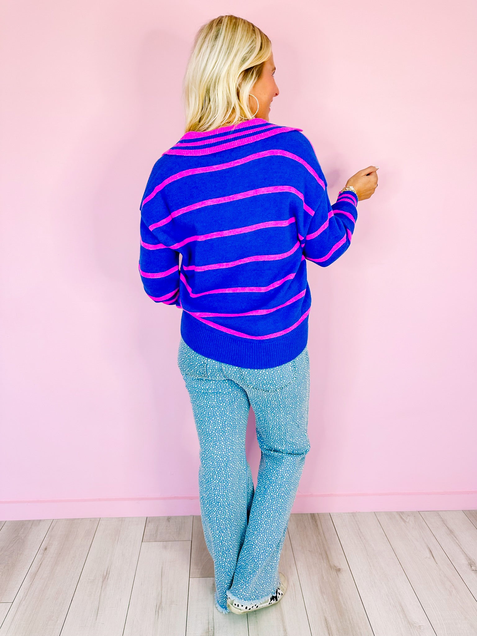 KYRA STRIPE COLLAR SWEATER - BLUE/PINK