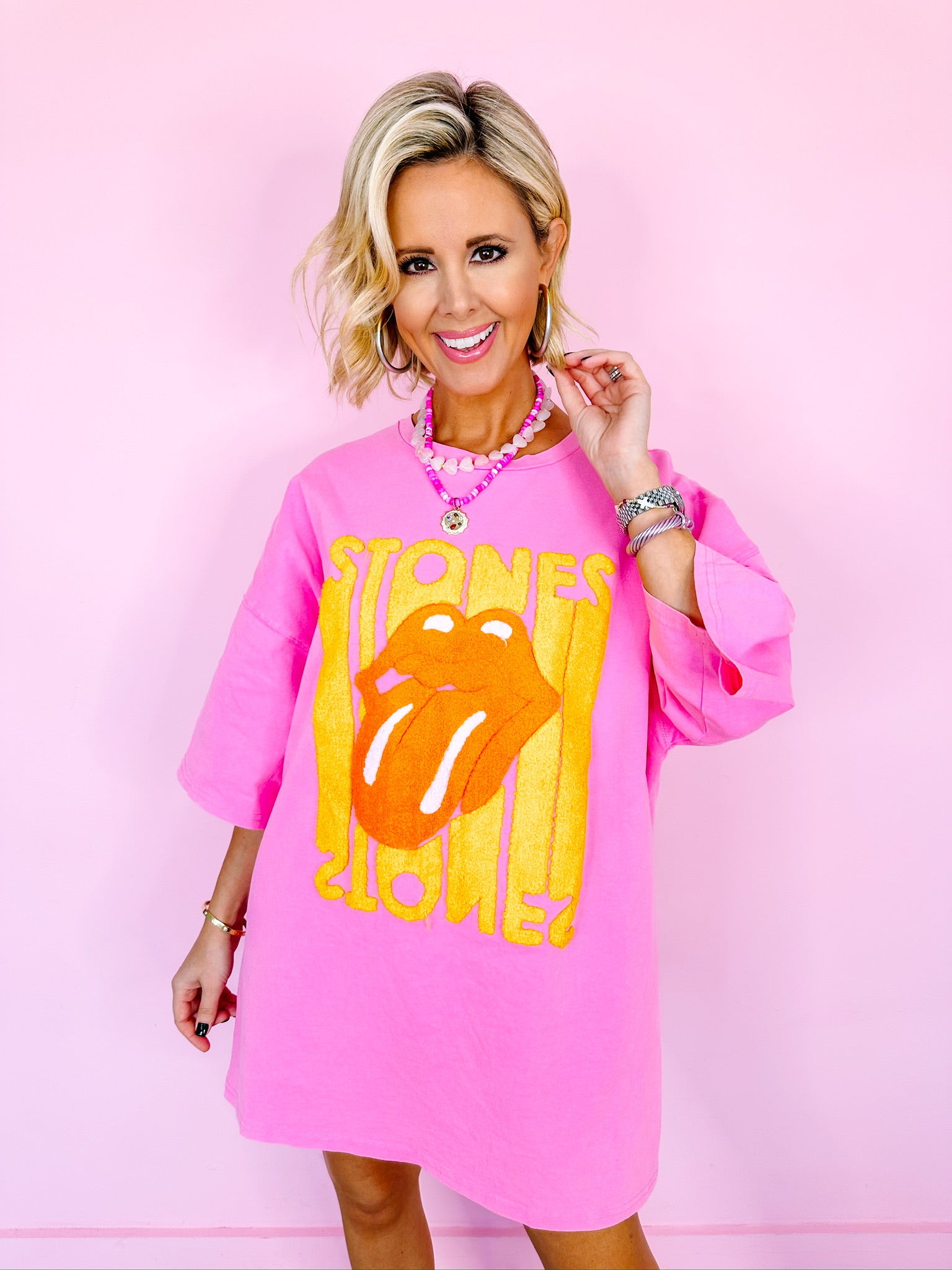 ROLLING STONES OVERSIZED TUNIC TOP - PINK/YELLOW