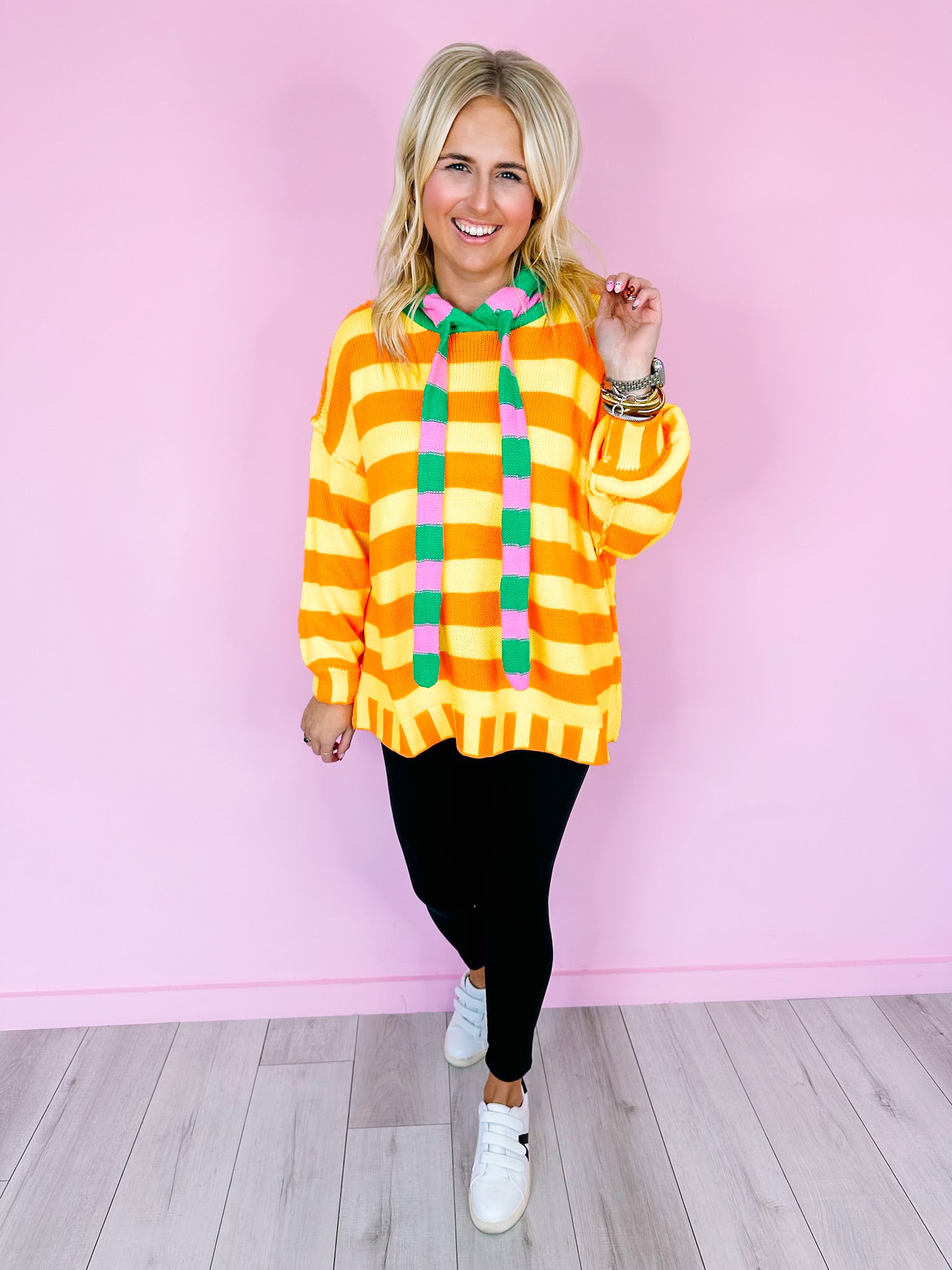 FULL OF JOY STRIPE SWEATER HOODIE - ORANGE/YELLOW