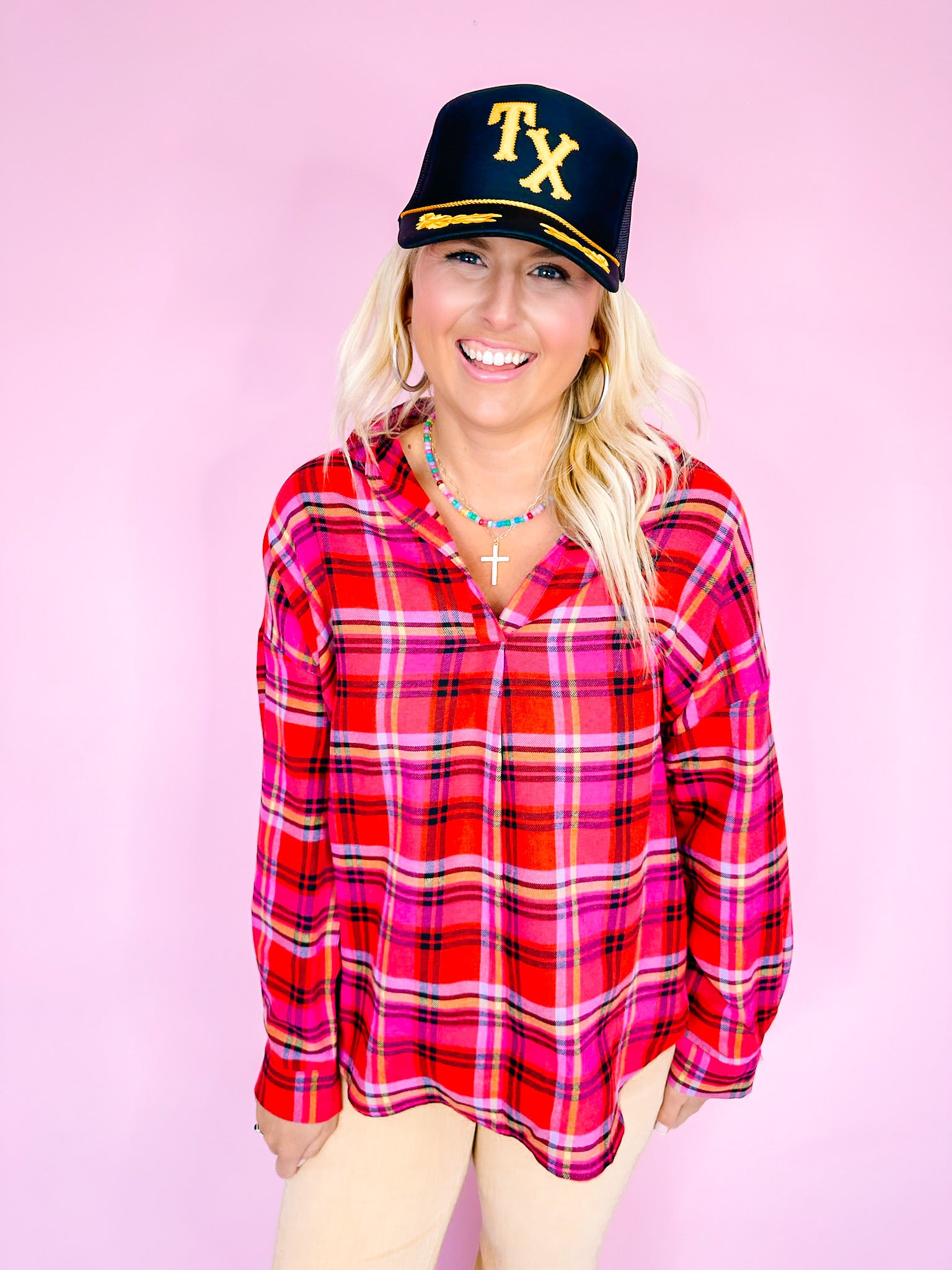 PLAID AROUND LONGSLEEVE TOP - RED