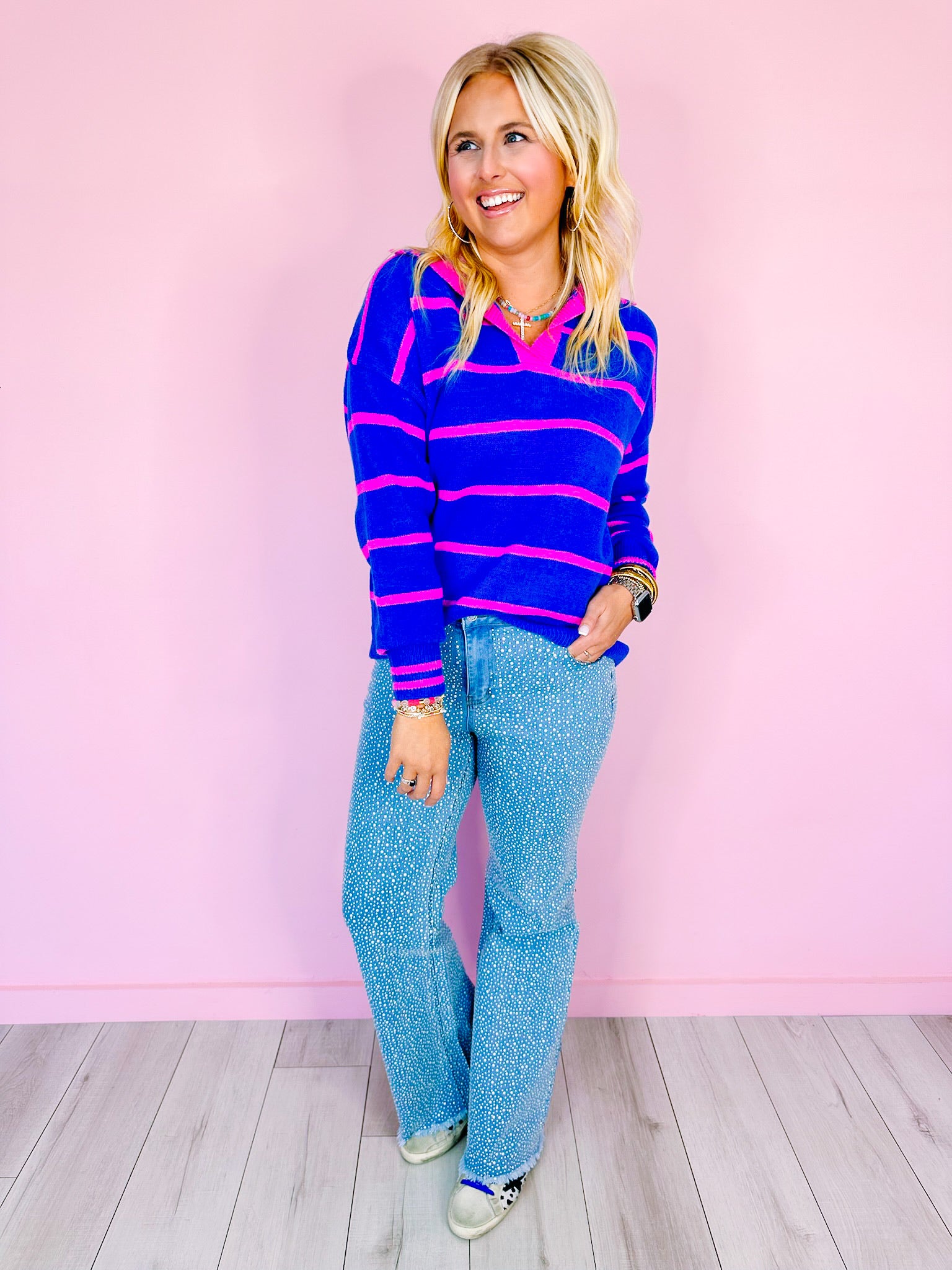 KYRA STRIPE COLLAR SWEATER - BLUE/PINK