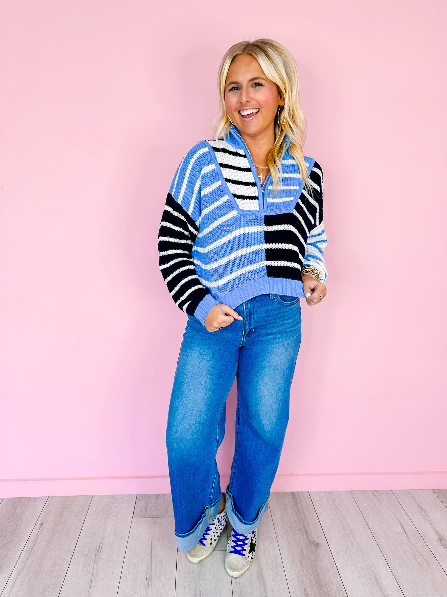 SEE MY STRIPES COLORBLOCK HALF ZIP SWEATER - BLUE