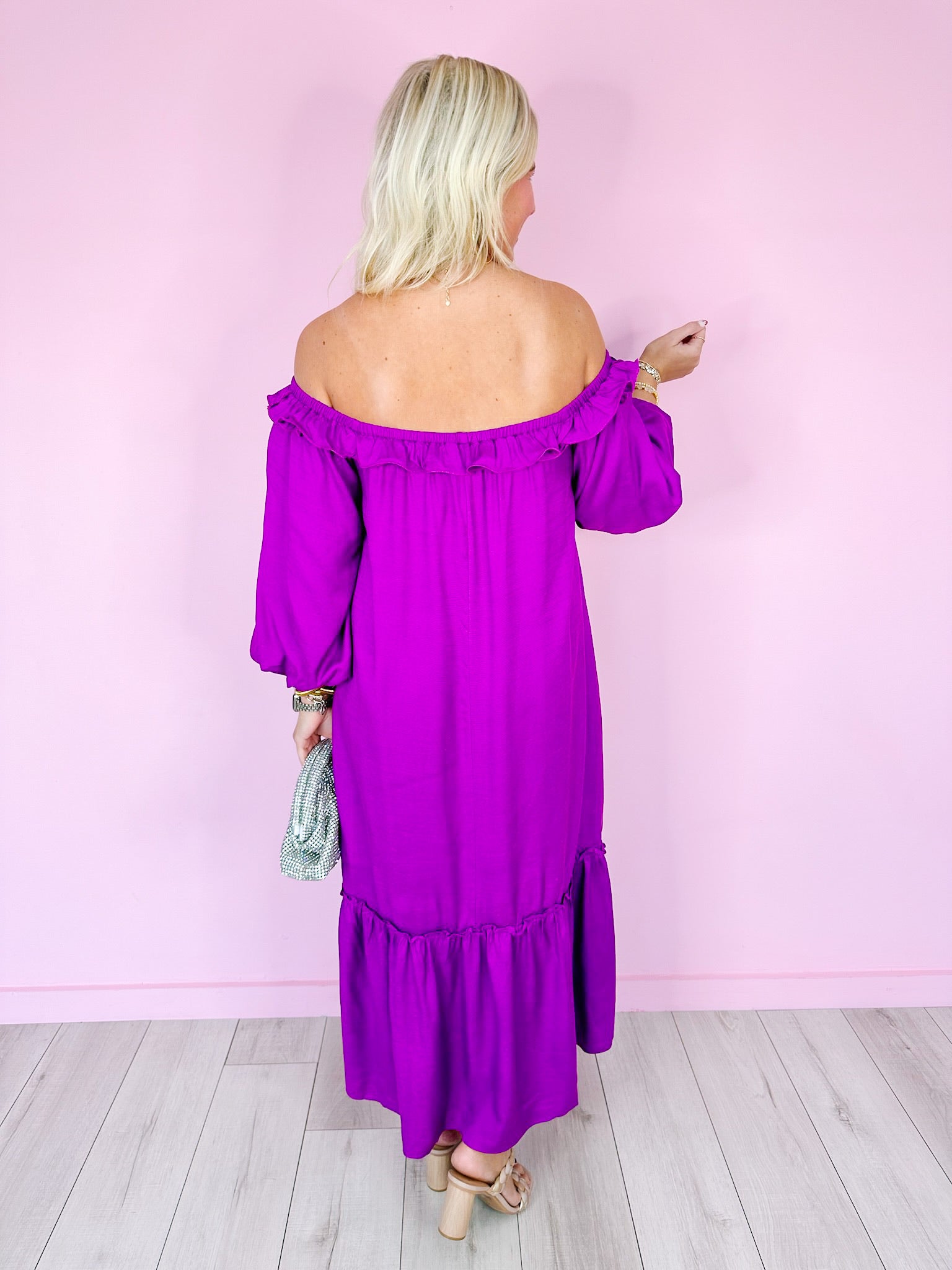 WHIRL AROUND RUFFLE MIDI DRESS - ORCHID