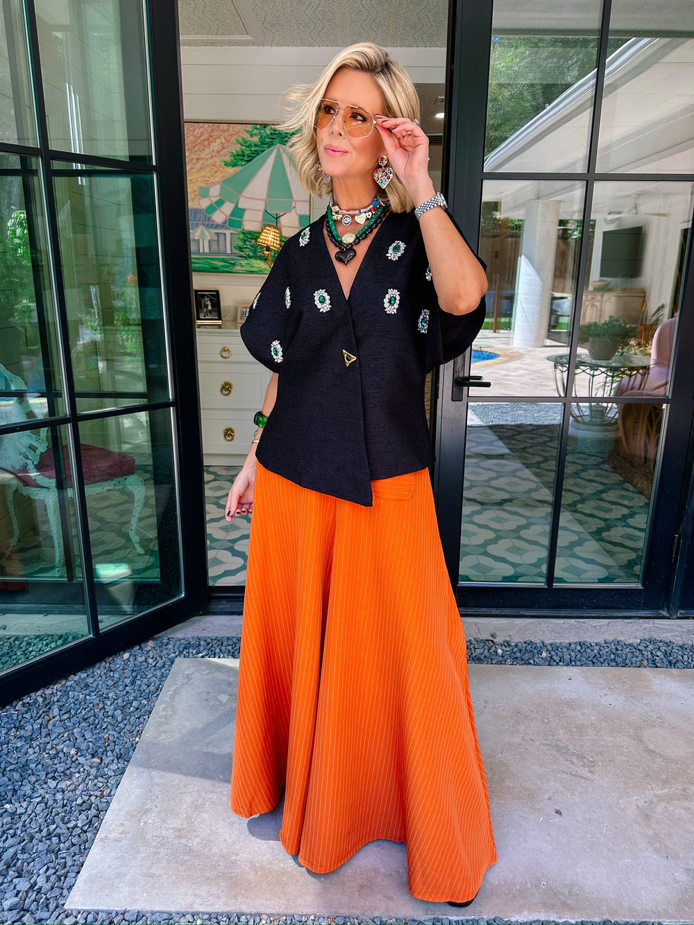 CHATEAU PINSTRIPE WIDE LEG PANTS - ORANGE