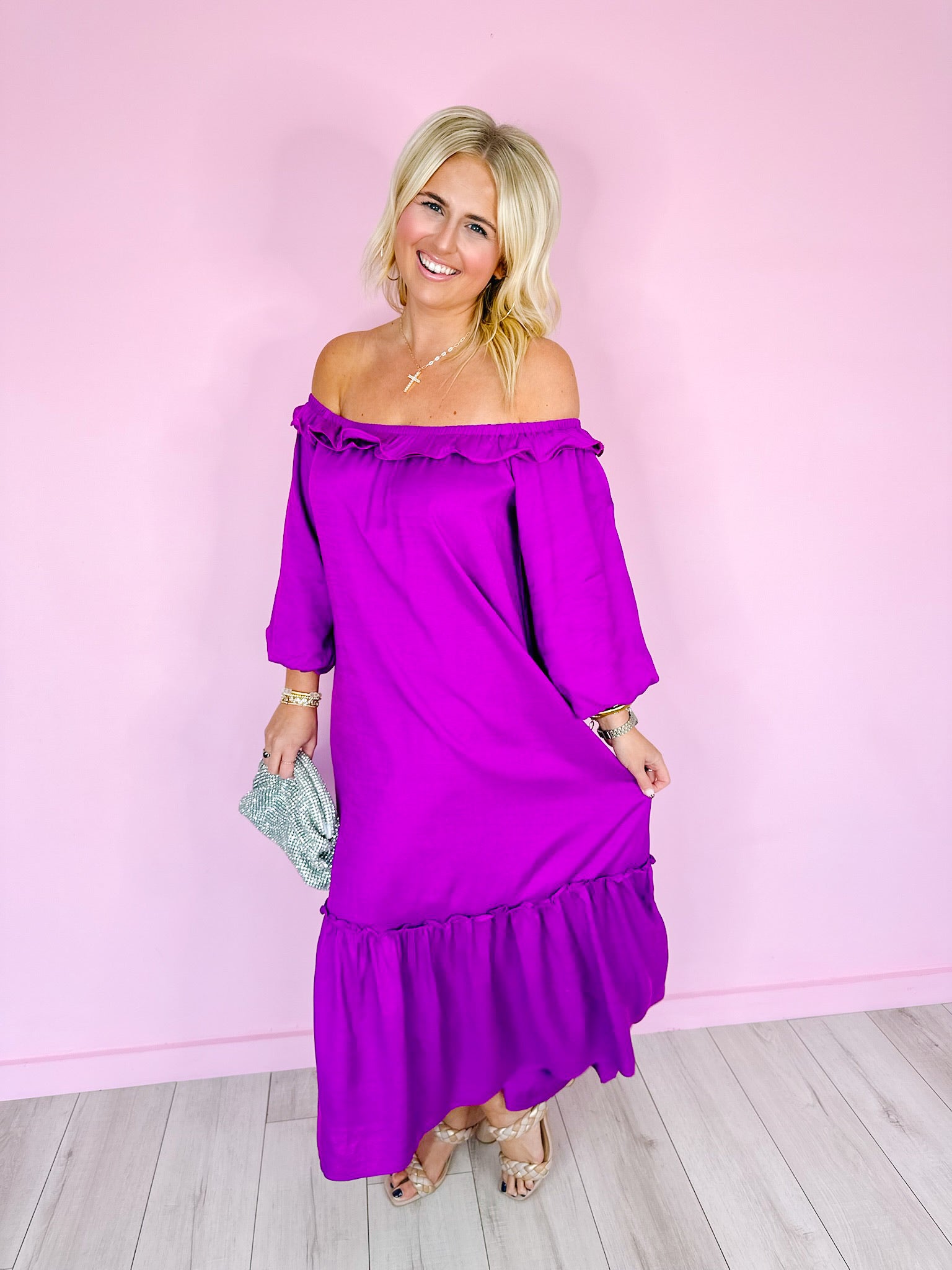 WHIRL AROUND RUFFLE MIDI DRESS - ORCHID