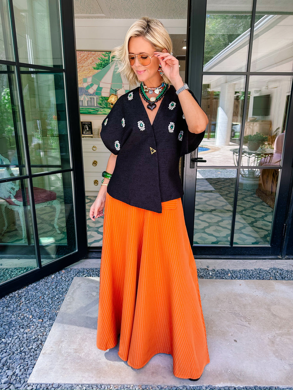 CHATEAU PINSTRIPE WIDE LEG PANTS - ORANGE