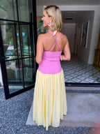DRESSED FOR THE MOMENT PLAID COLORBLOCK MAXI DRESS - PINK/YELLOW