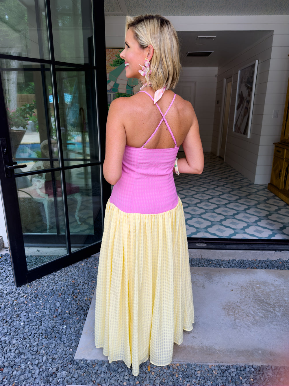 DRESSED FOR THE MOMENT PLAID COLORBLOCK MAXI DRESS - PINK/YELLOW