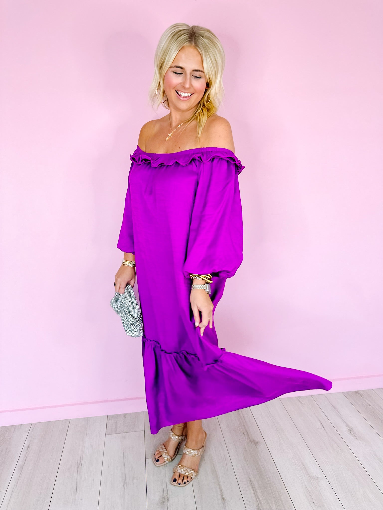 WHIRL AROUND RUFFLE MIDI DRESS - ORCHID