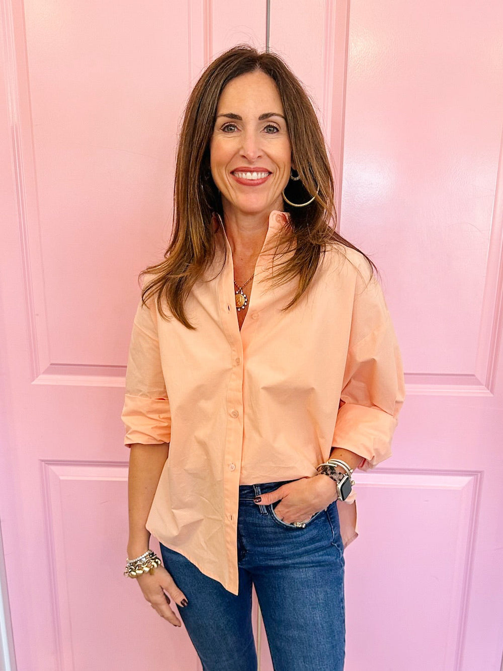 FRONT PAGE NEWS POPLIN BUTTON UP - BLUSH