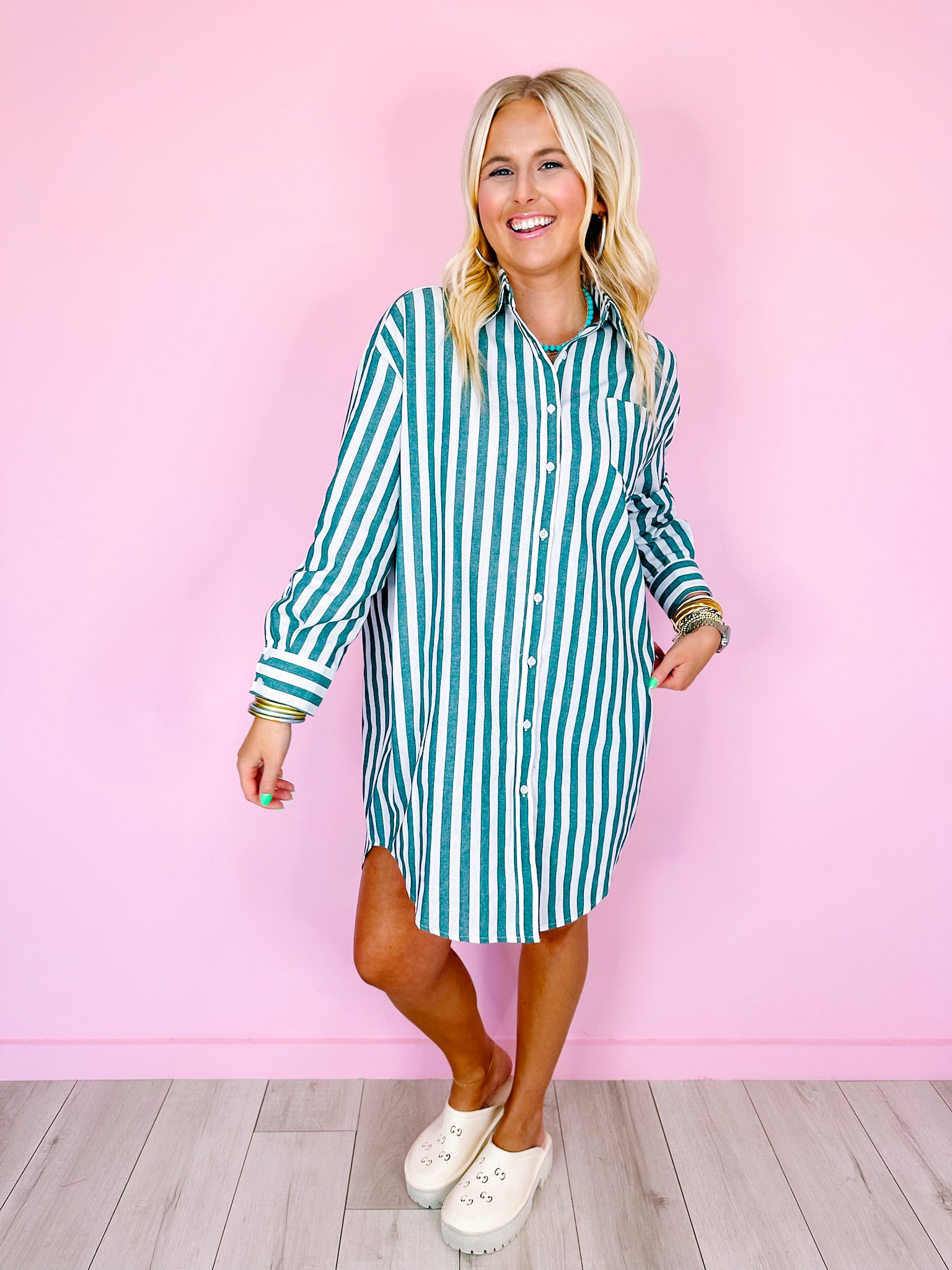 ALL I NEED STRIPE SHIRT DRESS - GREEN