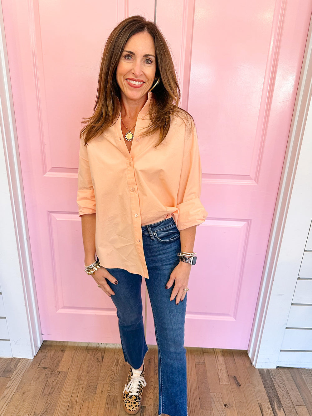 FRONT PAGE NEWS POPLIN BUTTON UP - BLUSH