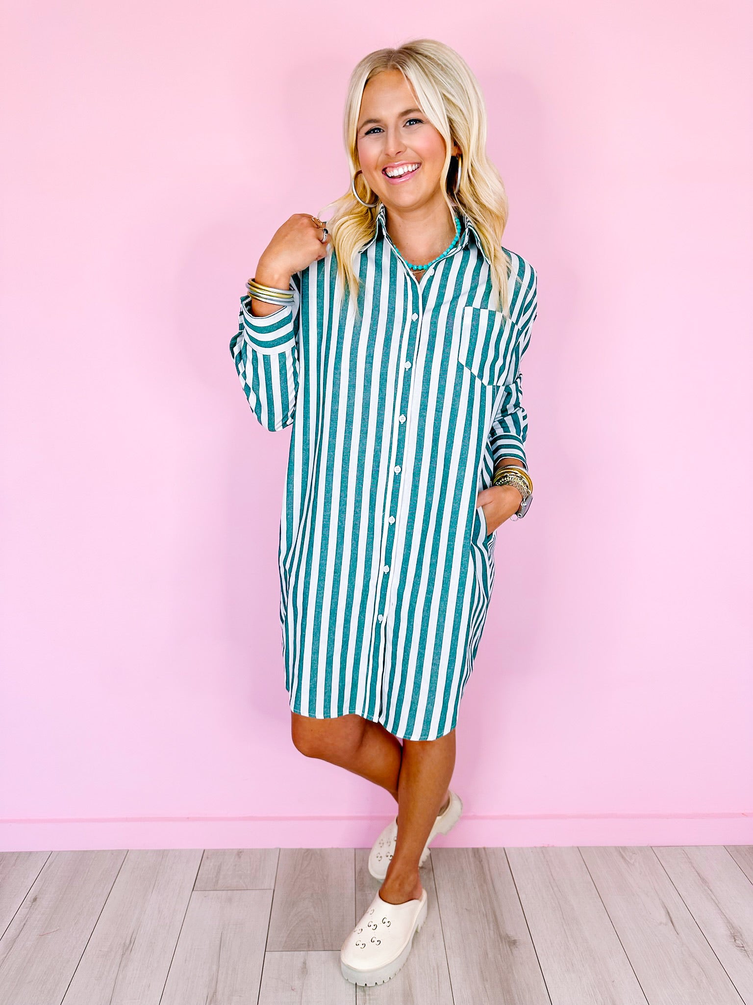 ALL I NEED STRIPE SHIRT DRESS - GREEN