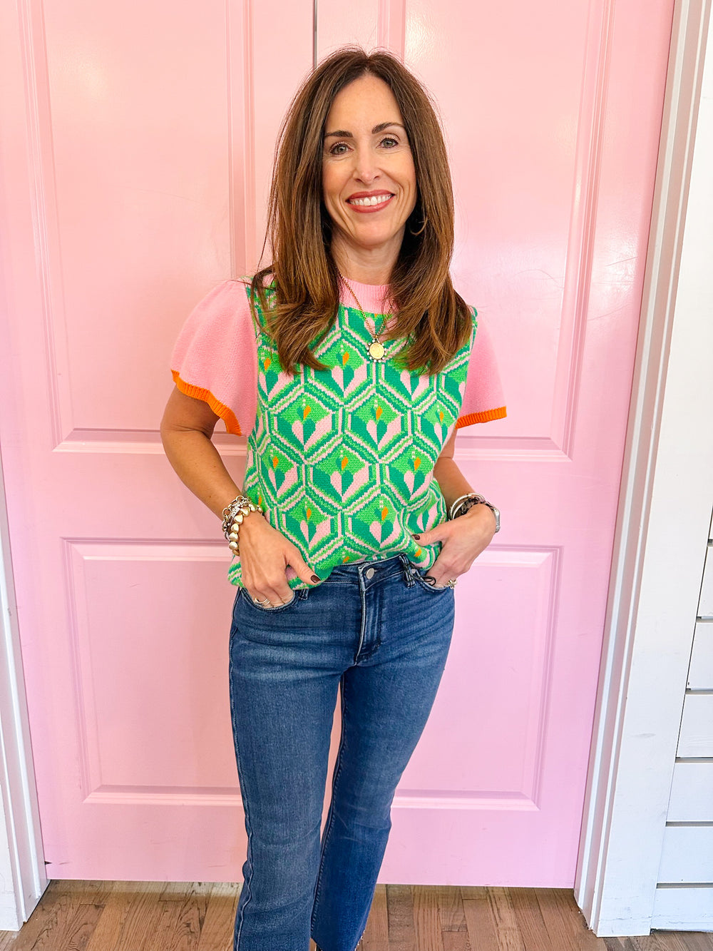 GEO LOVE SHORT SLEEVE SWEATER - PINK