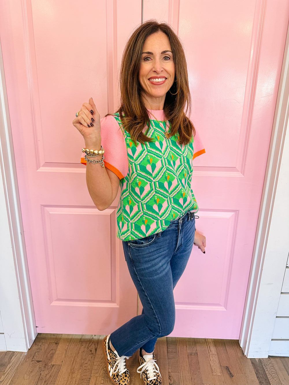 GEO LOVE SHORT SLEEVE SWEATER - PINK