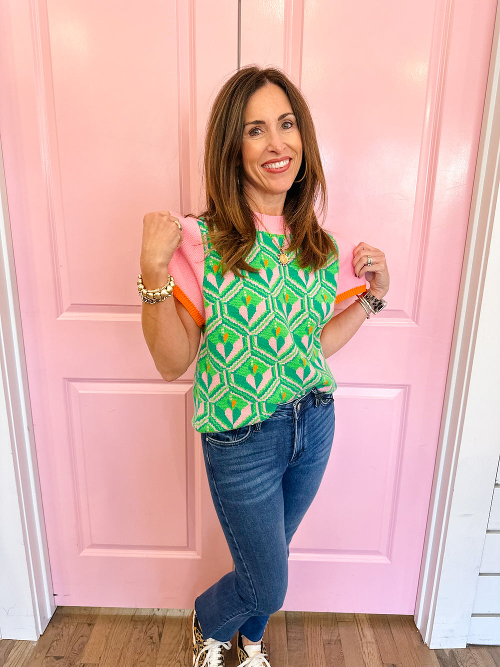 GEO LOVE SHORT SLEEVE SWEATER - PINK