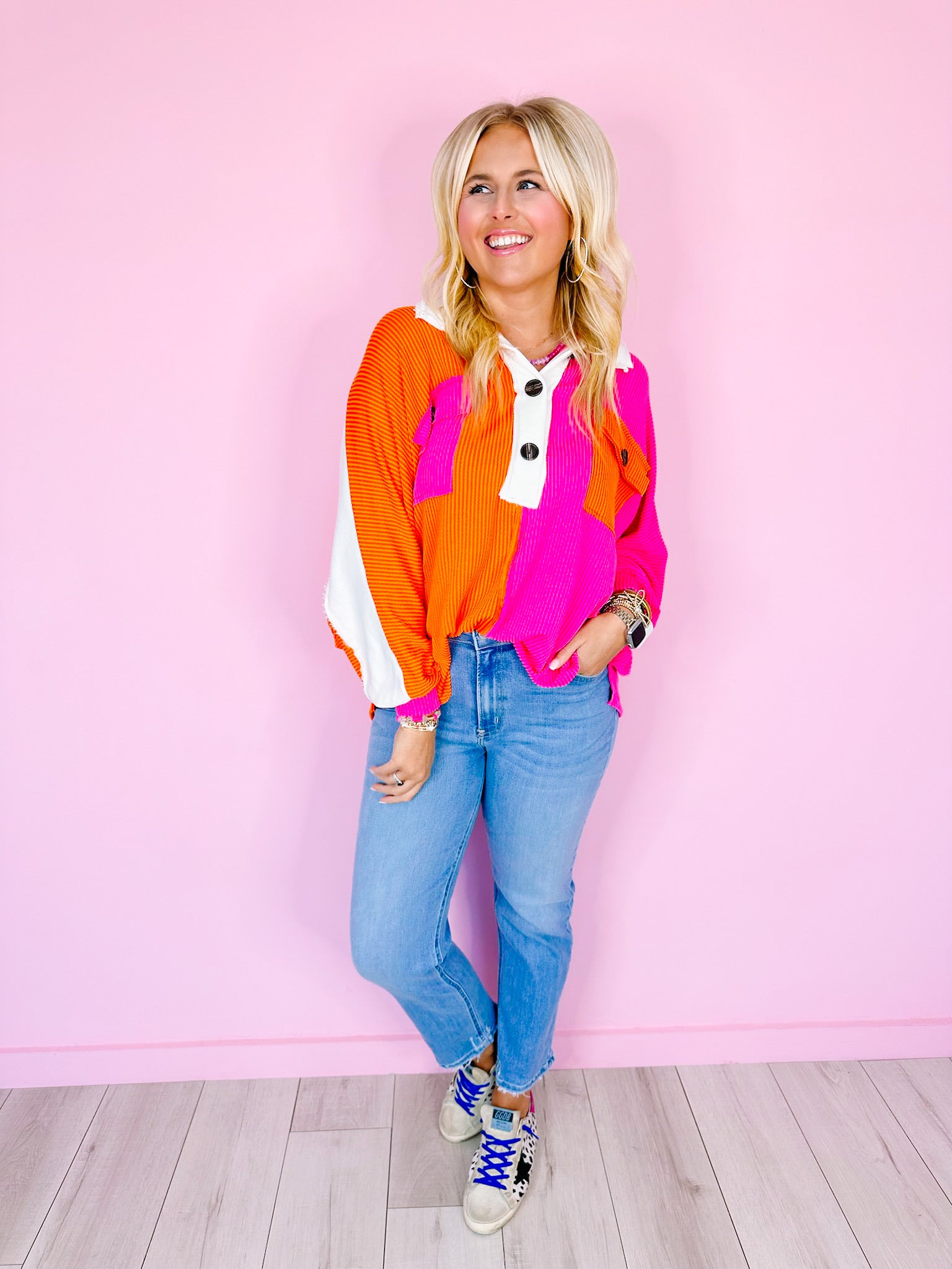 KAMERON COLORBLOCK BUTTON UP TOP - ORANGE/PINK