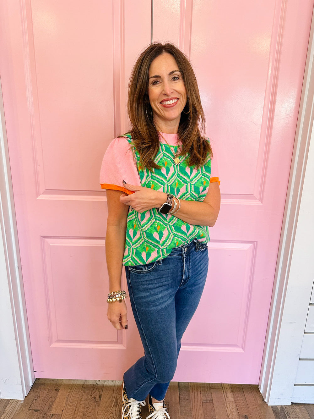 GEO LOVE SHORT SLEEVE SWEATER - PINK