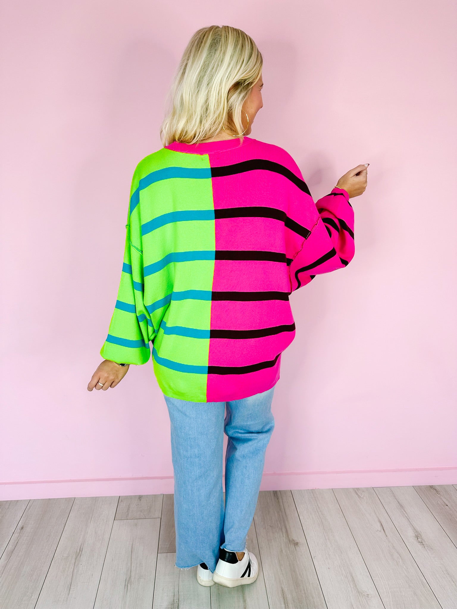 SEEING DOUBLE COLORBLOCK STRIPE SWEATER - PINK/GREEN