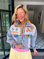 DAHLIA FLORAL EMBROIDERED STITCH TRIM DENIM JACKET
