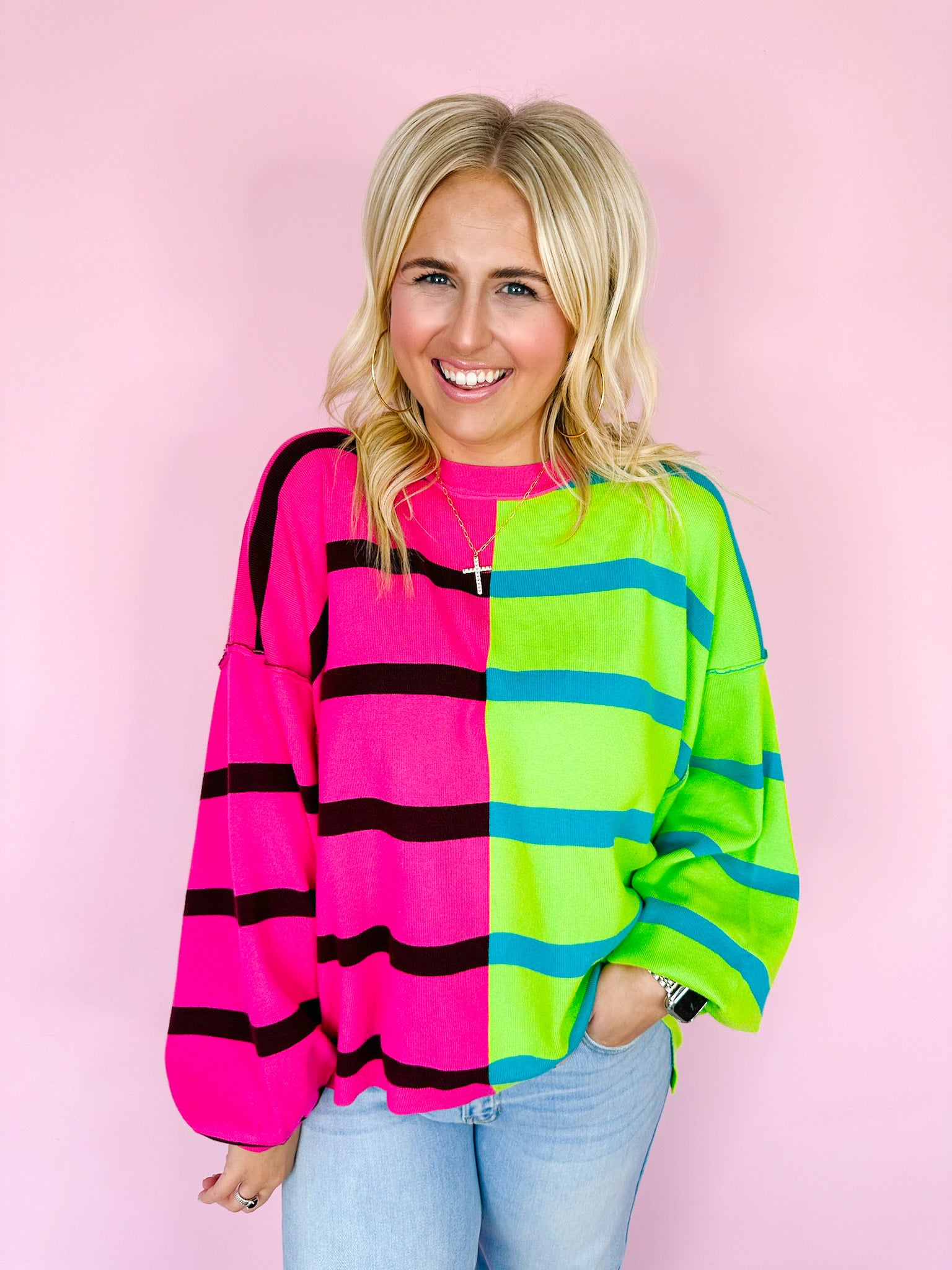 SEEING DOUBLE COLORBLOCK STRIPE SWEATER - PINK/GREEN