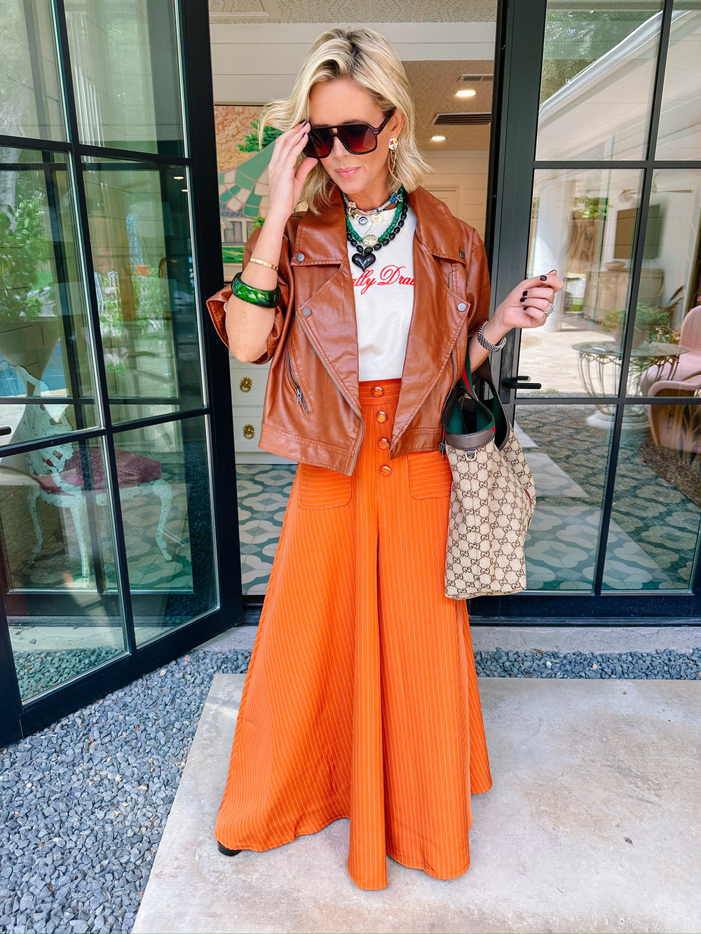 CHATEAU PINSTRIPE WIDE LEG PANTS - ORANGE