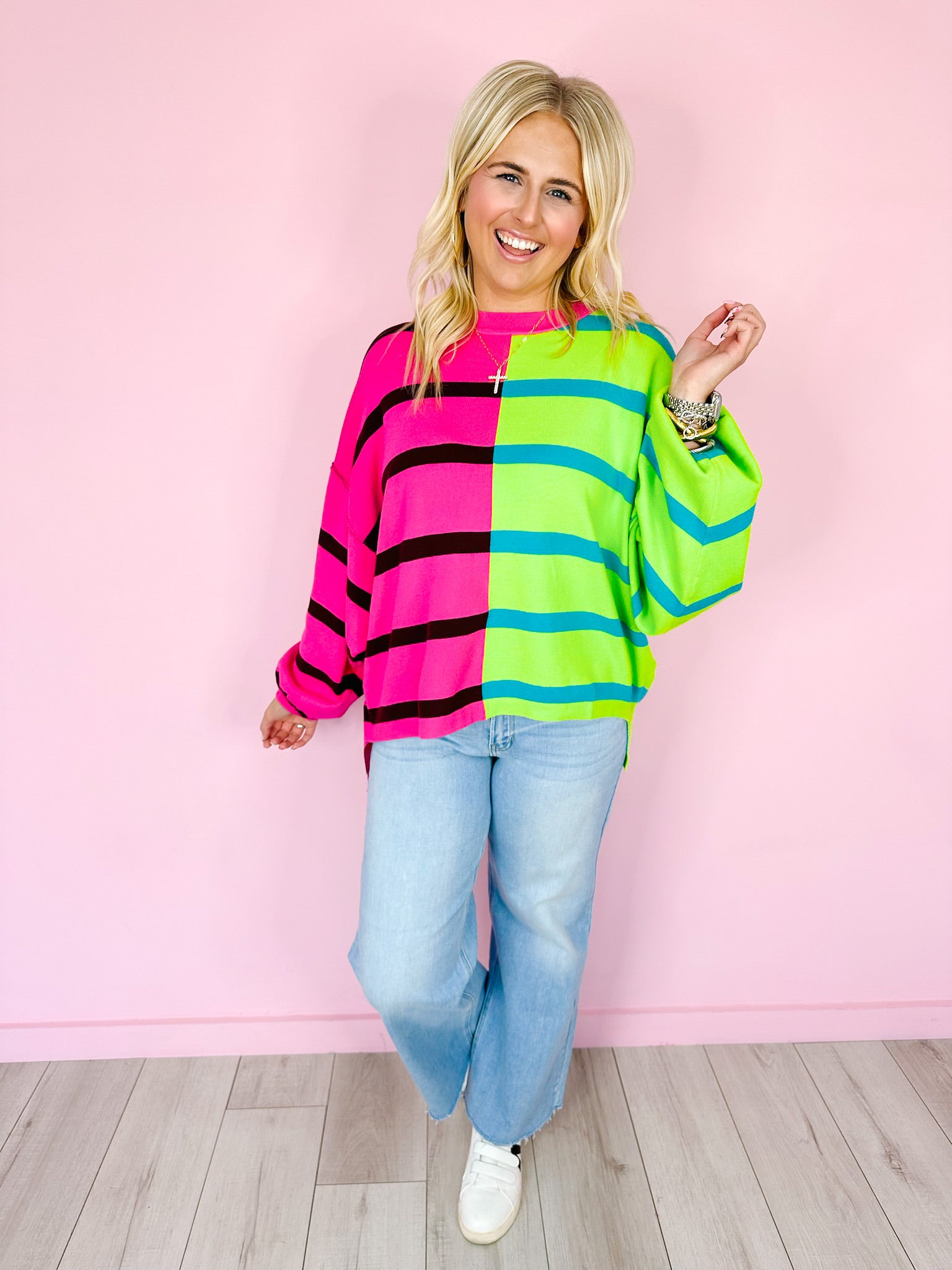 SEEING DOUBLE COLORBLOCK STRIPE SWEATER - PINK/GREEN