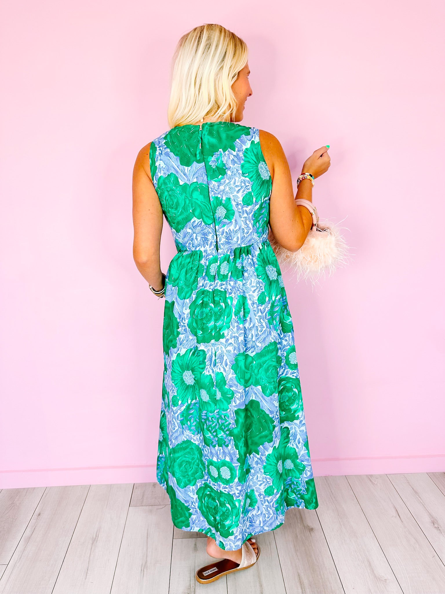 TWIRLING IN PANSY FIELDS MIDI DRESS - GREEN/BLUE