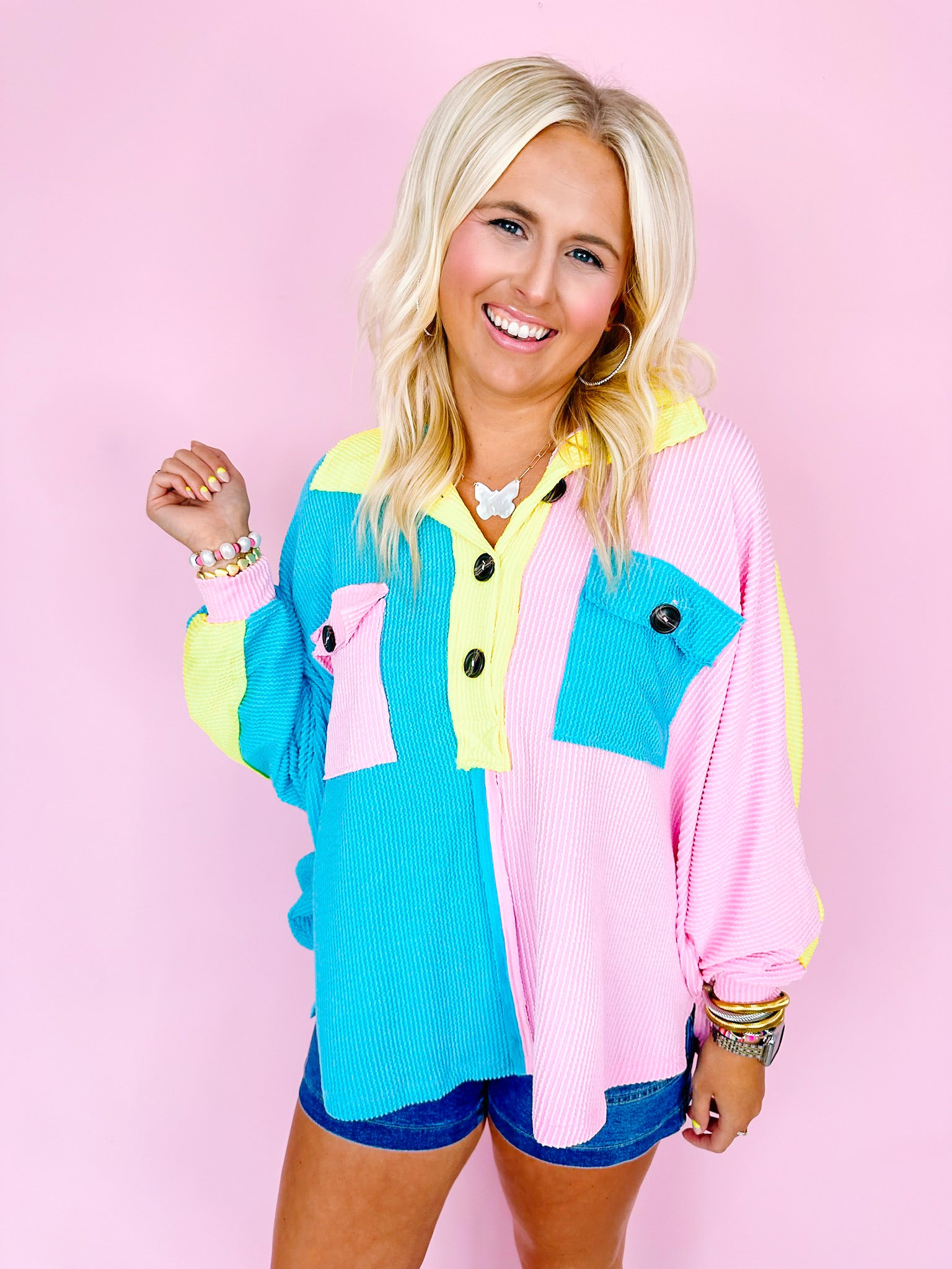 KAMERON COLORBLOCK BUTTON UP TOP - BLUE/PINK