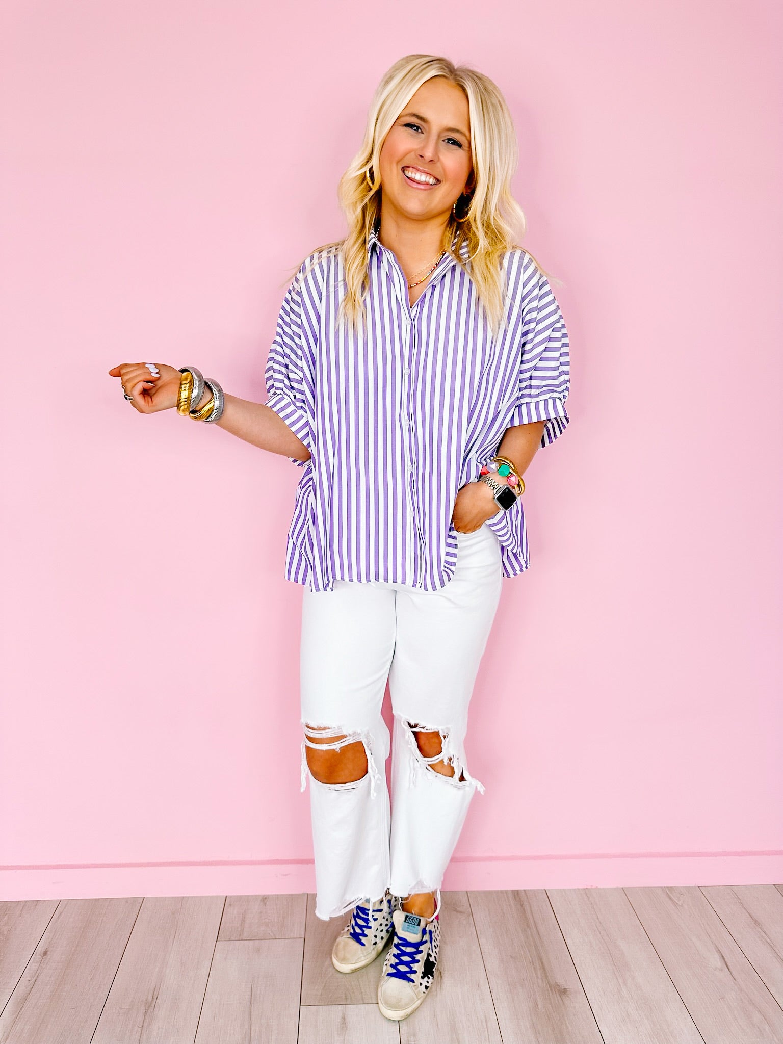 EARN THOSE STRIPES BUTTON UP TOP - PURPLE