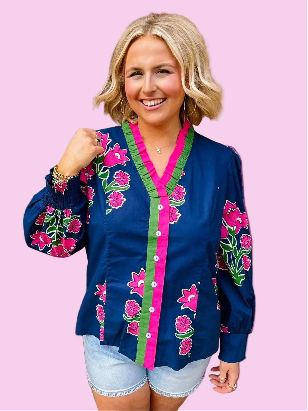 KEEP MOVING FORWARD FLORAL BUTTON UP TOP - NAVY
