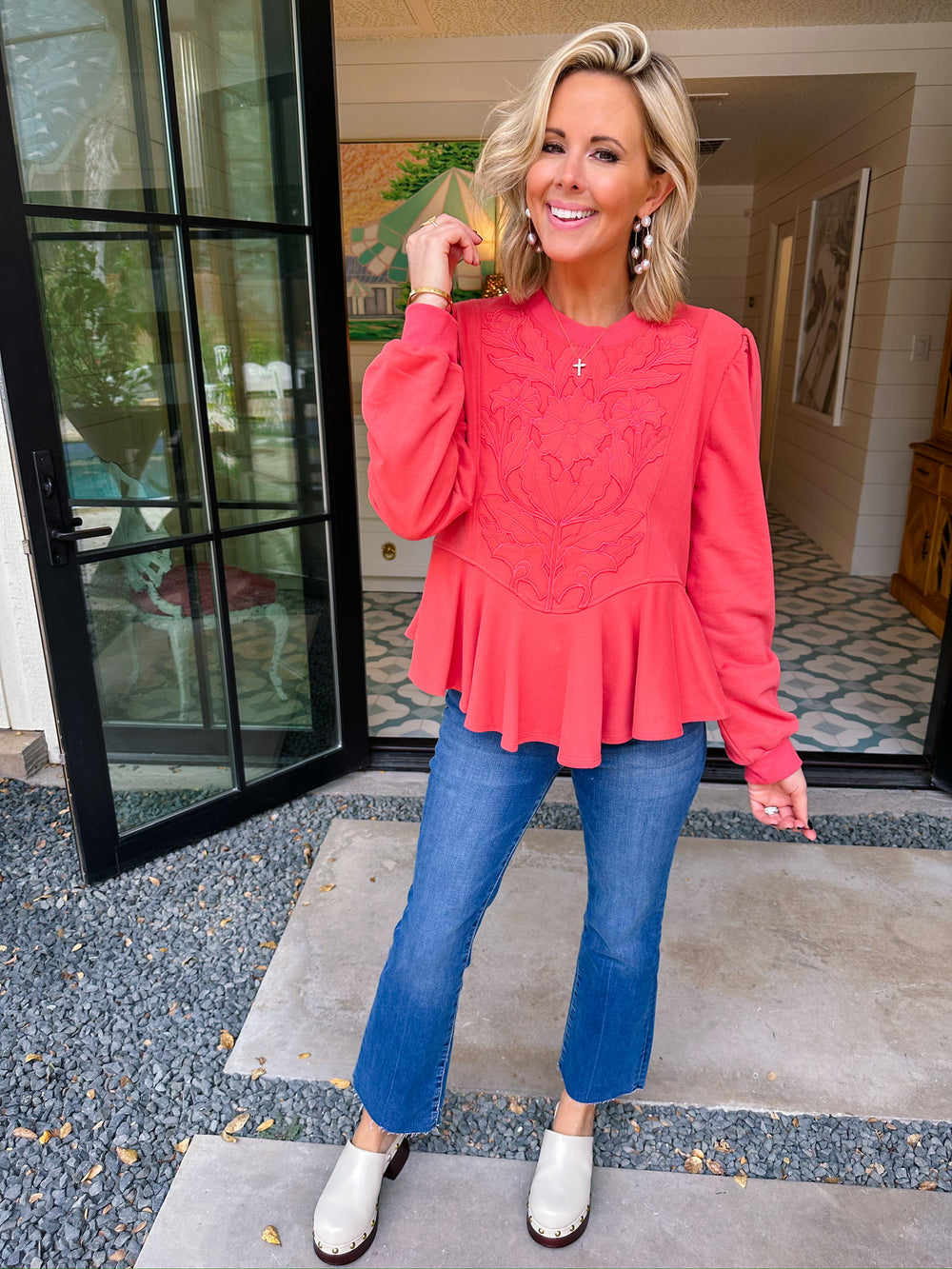 FLORA FLOUNCE PEPLUM SWEATSHIRT - DEEP CORAL