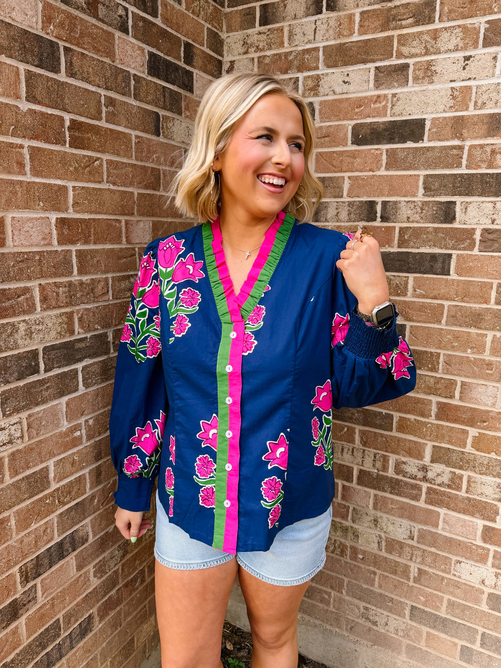 KEEP MOVING FORWARD FLORAL BUTTON UP TOP - NAVY