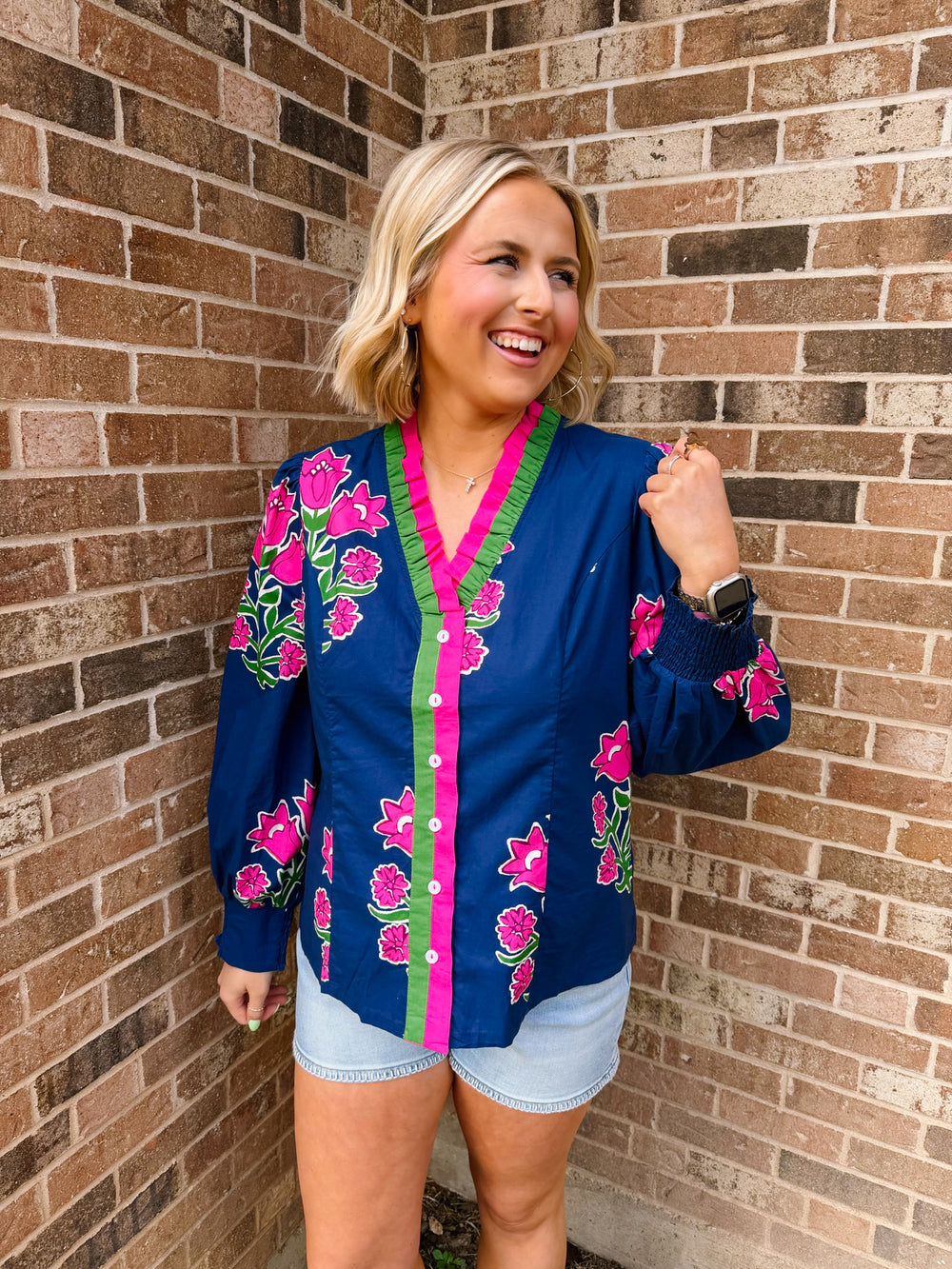 KEEP MOVING FORWARD FLORAL BUTTON UP TOP - NAVY