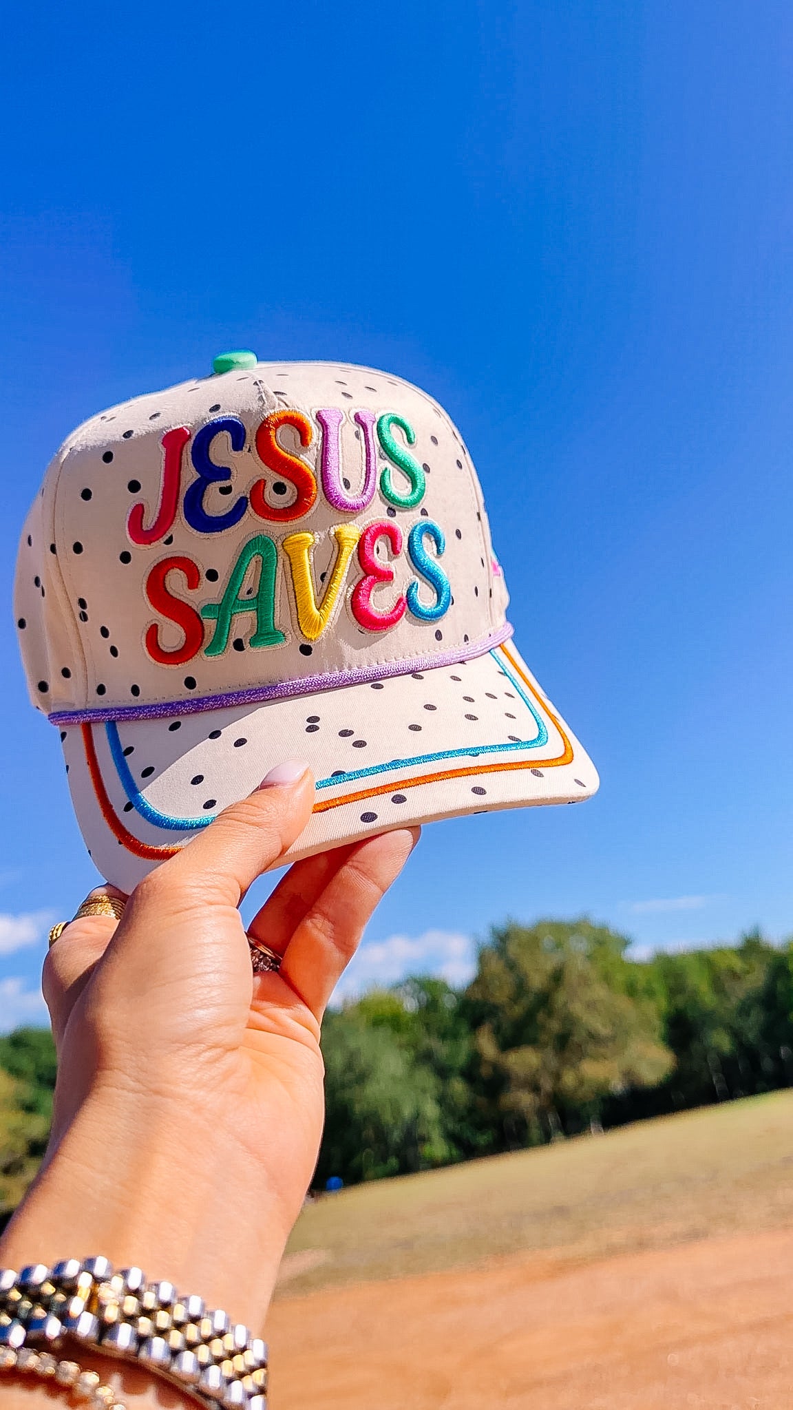 JESUS SAVES POLKA DOT CANVAS TRUCKER HAT