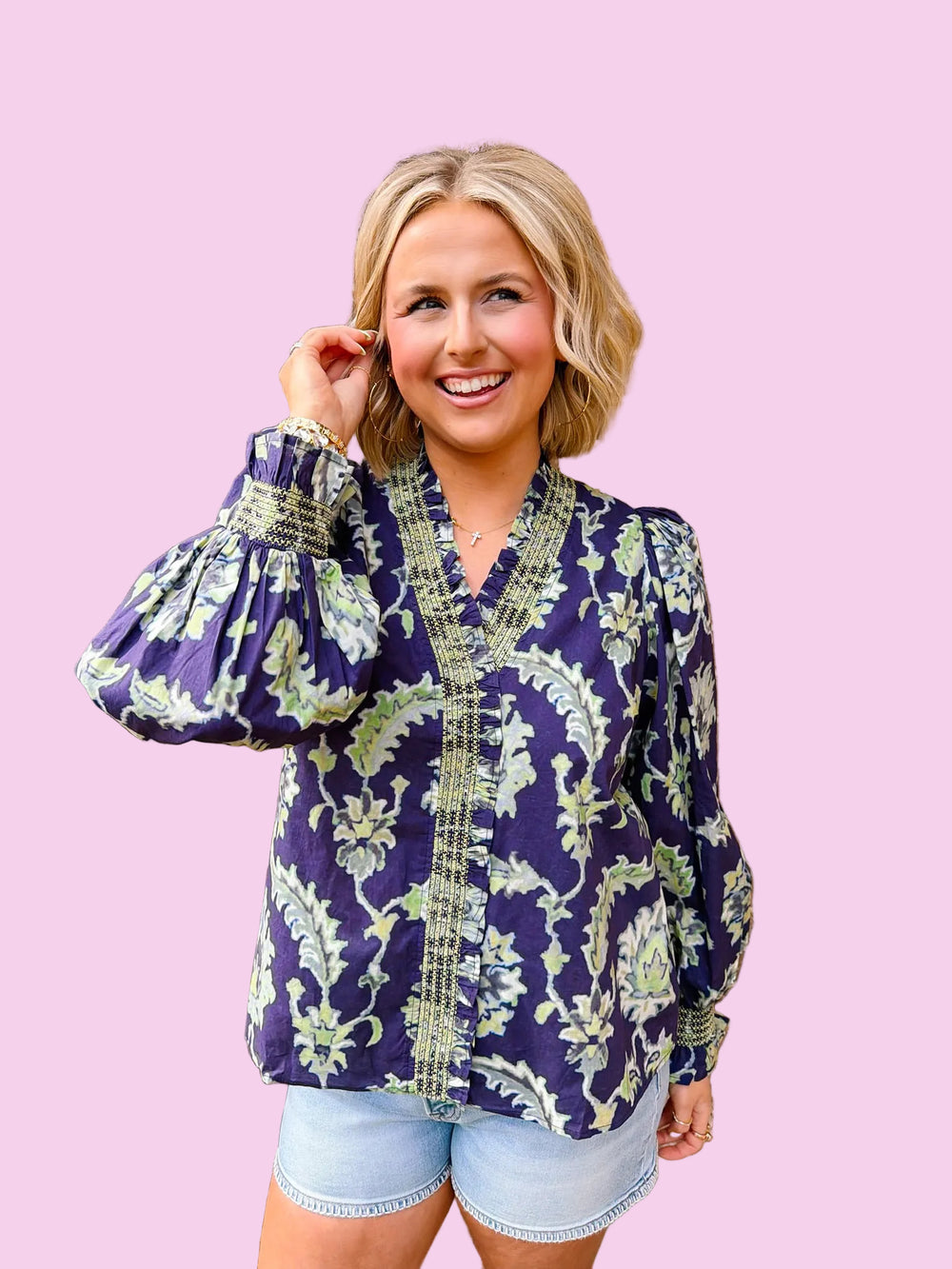 FLORAL FORCE LONG SLEEVE TOP - NAVY