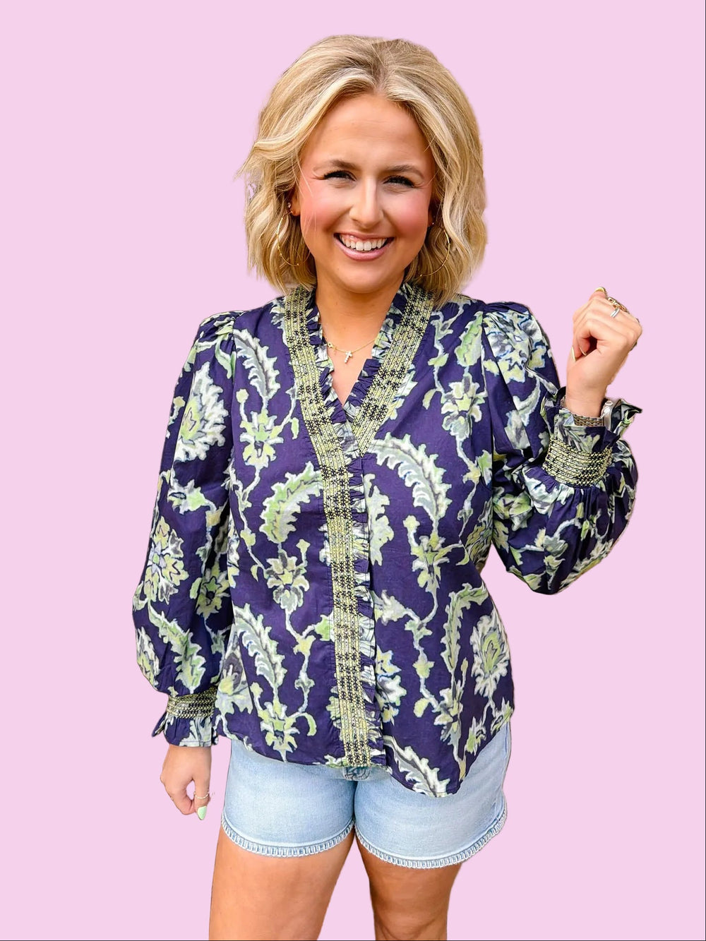 FLORAL FORCE LONG SLEEVE TOP - NAVY