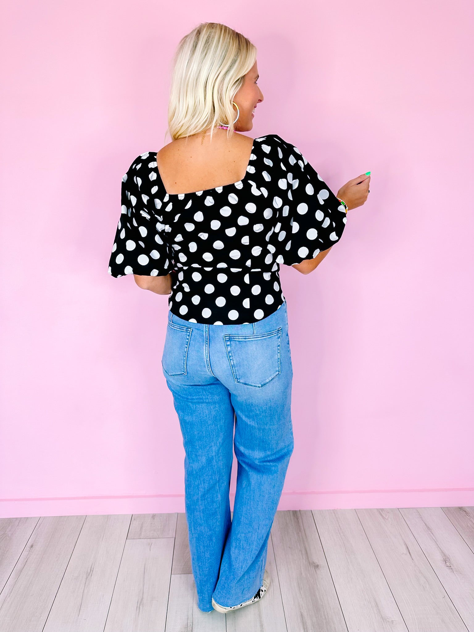 PRESH POLKA DOT PUFF SLEEVE TOP - BLACK