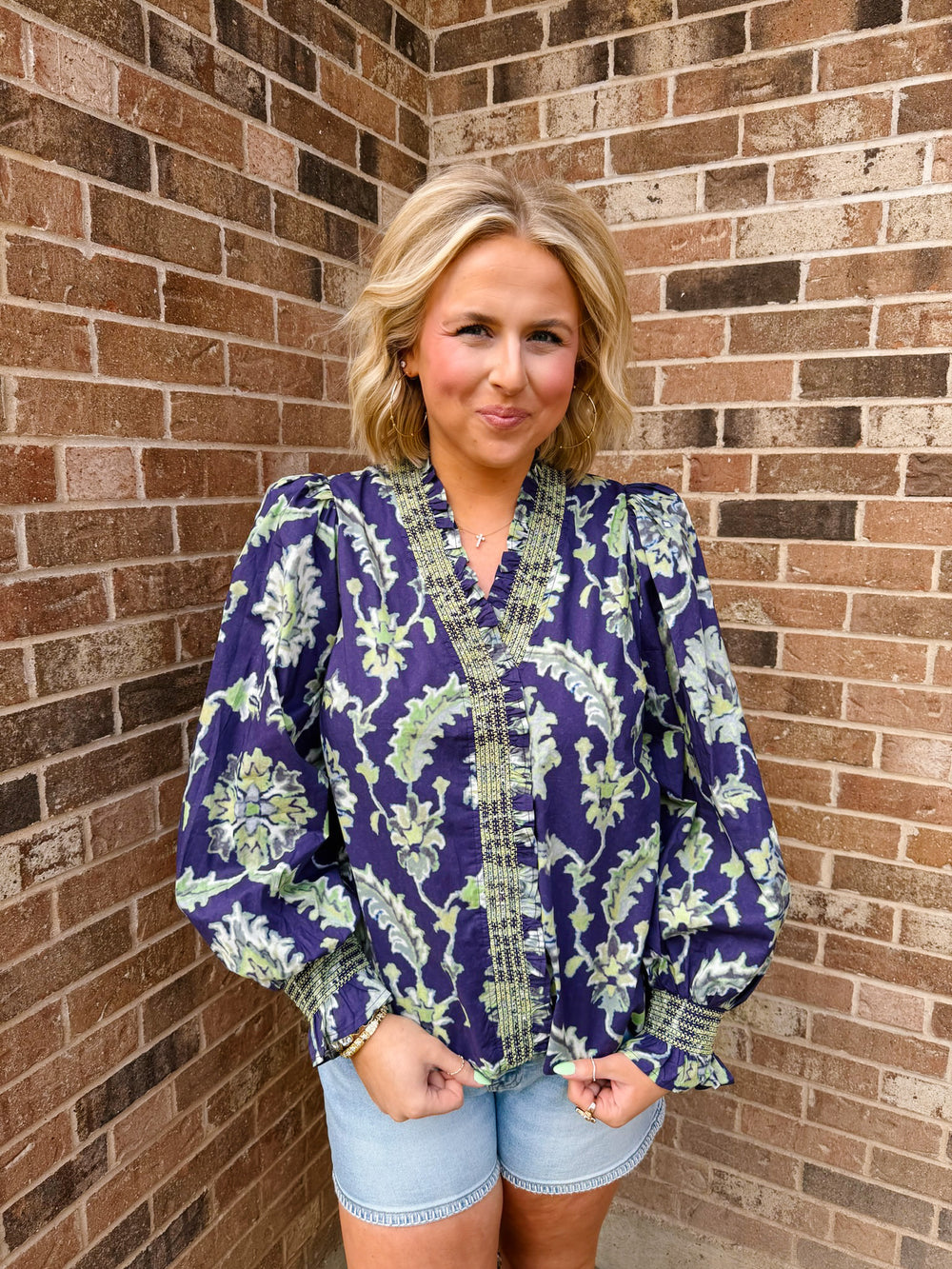 FLORAL FORCE LONG SLEEVE TOP - NAVY