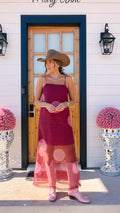 MORE THAN MEETS THE EYE POLKA DOT SHEER MIDI DRESS - BURGUNDY
