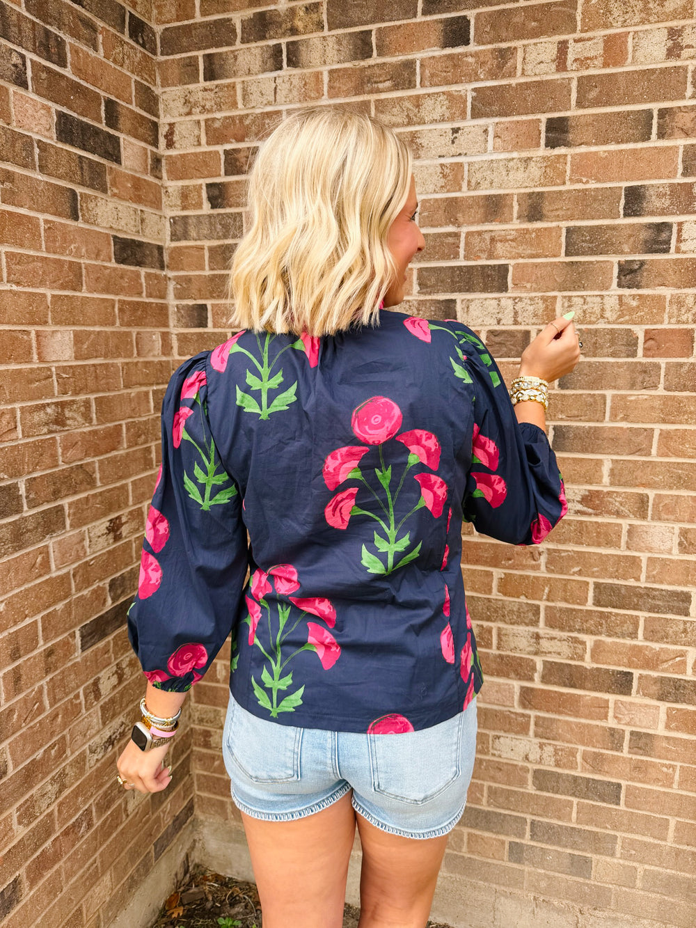 TAKE YOUR TIME RUFFLE NECK FLORAL TOP - NAVY/PINK